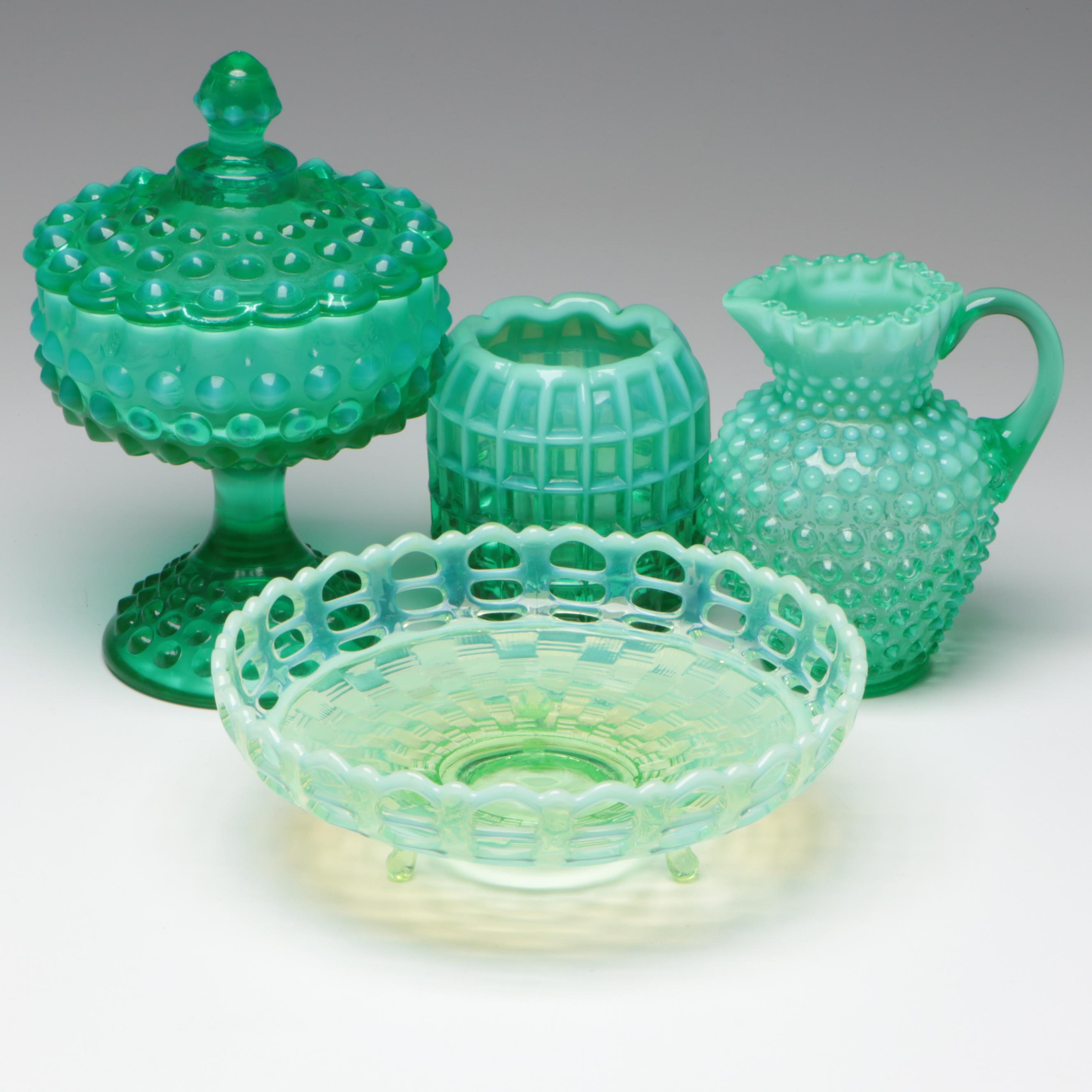 Fenton Uranium Glass Bowl with Hobnail Candy Dish and Pitcher and Vase