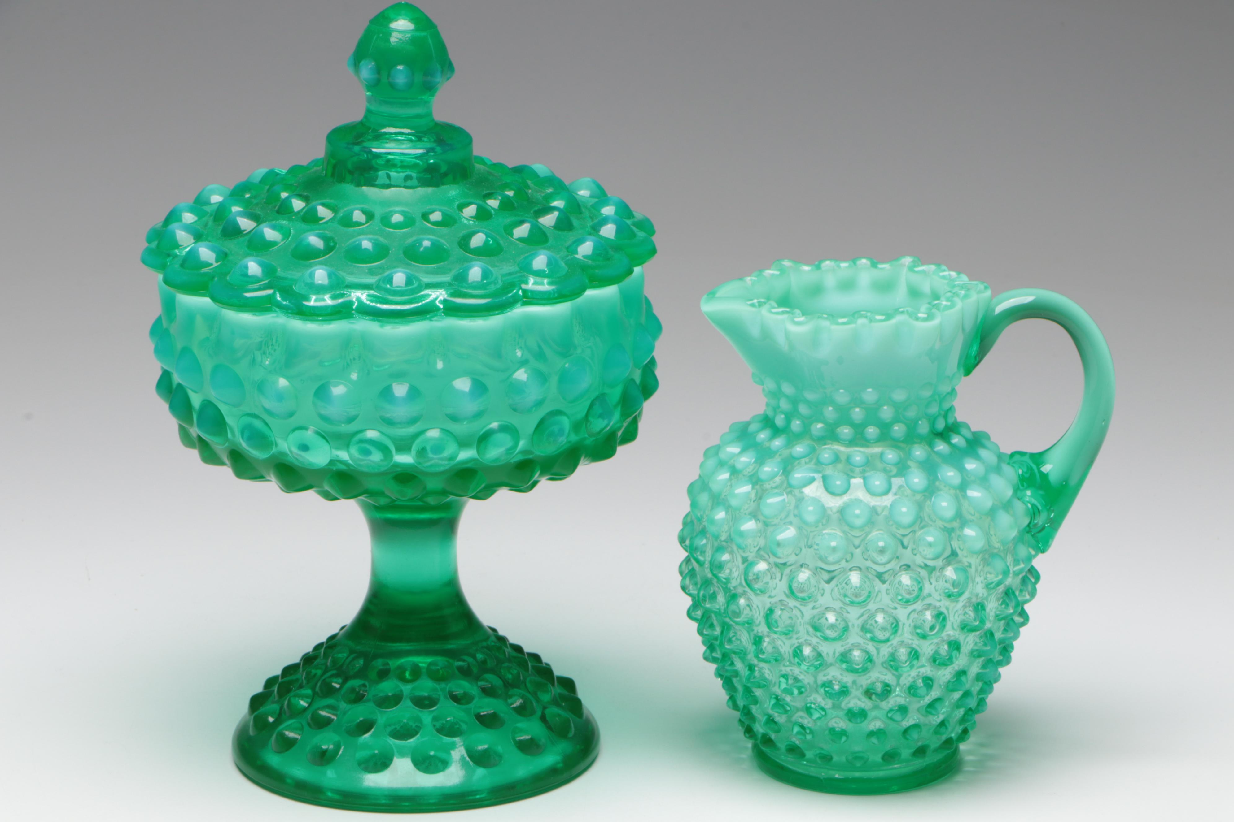Fenton Uranium Glass Bowl with Hobnail Candy Dish and Pitcher and Vase