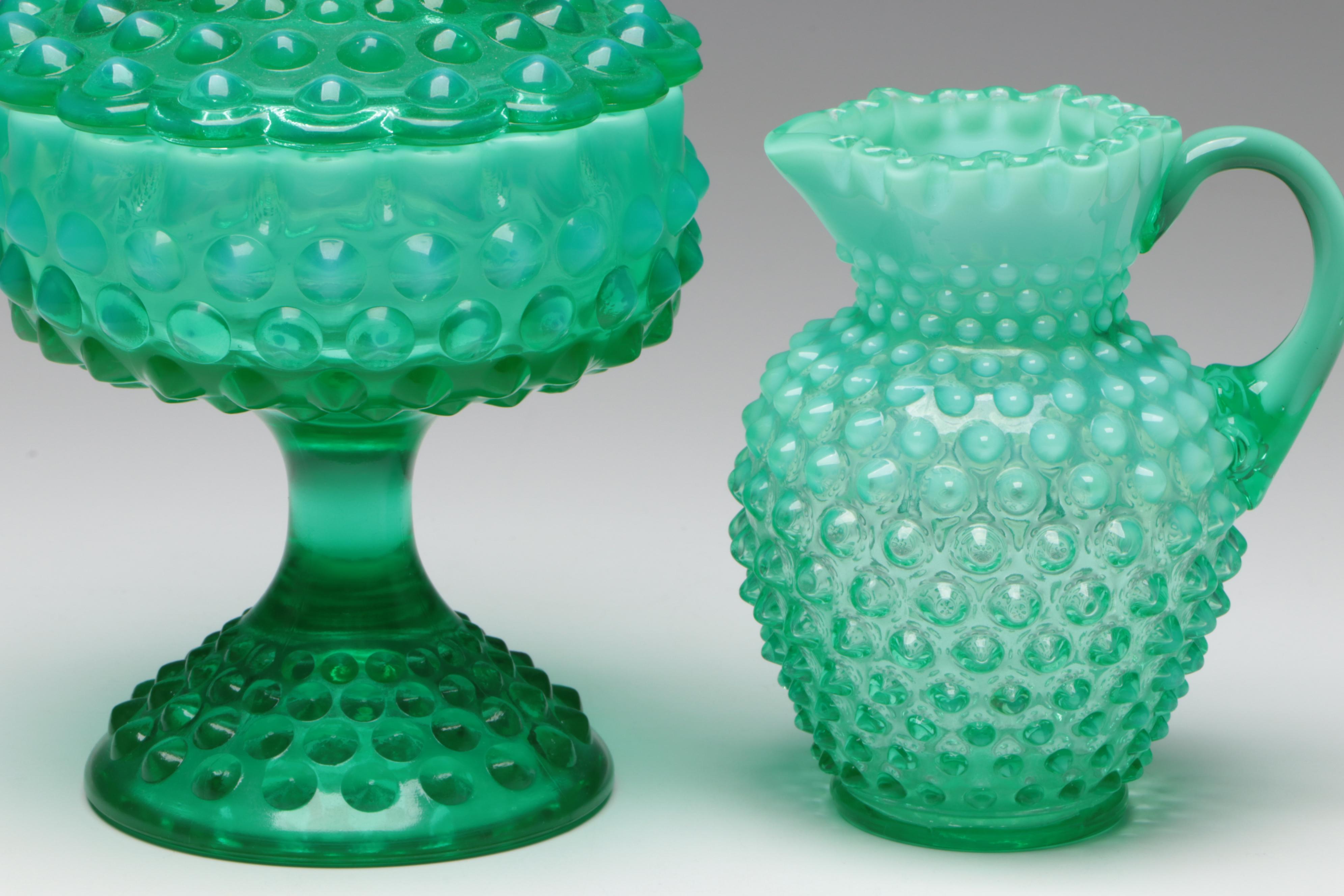 Fenton Uranium Glass Bowl with Hobnail Candy Dish and Pitcher and Vase