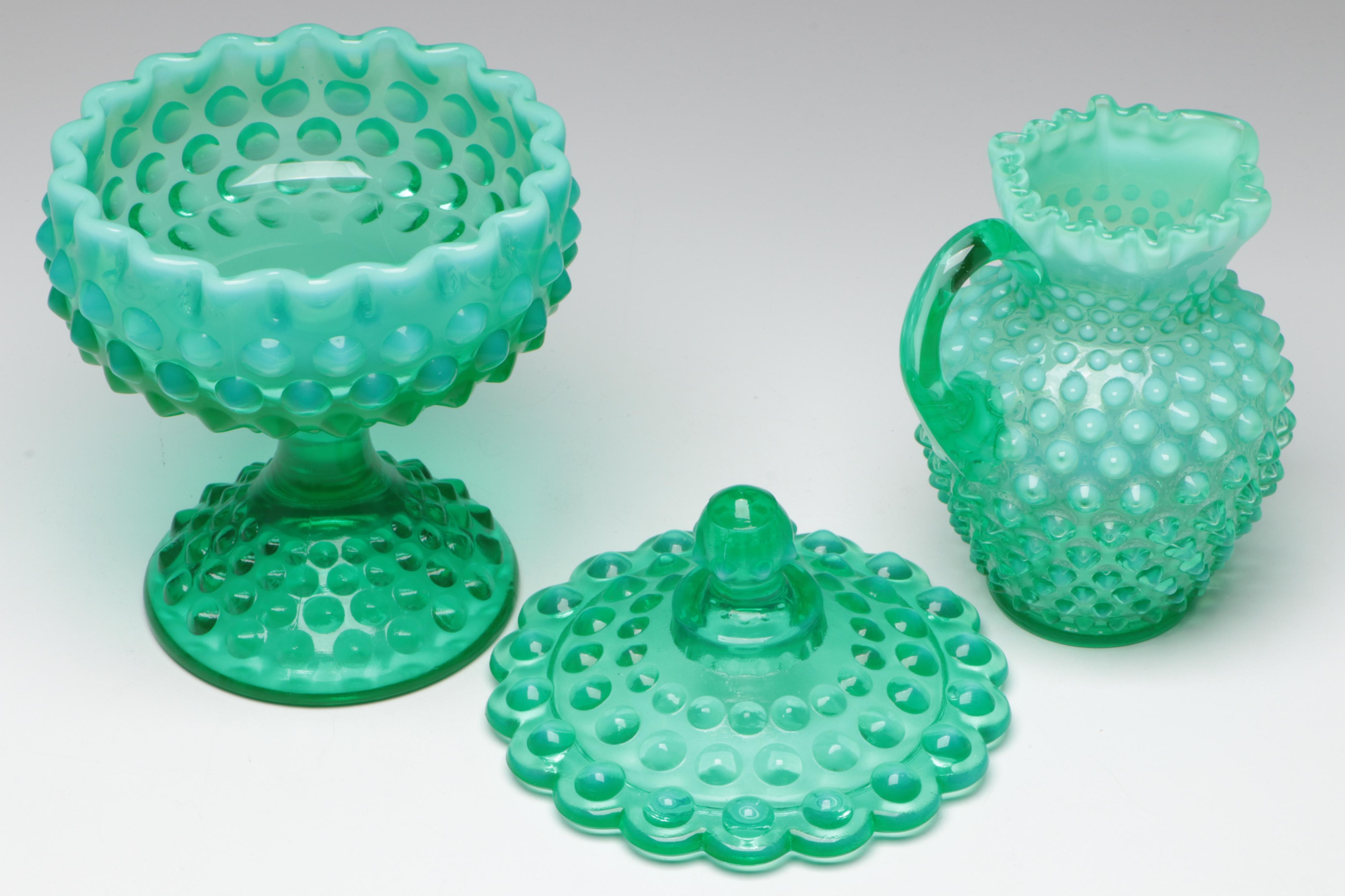 Fenton Uranium Glass Bowl with Hobnail Candy Dish and Pitcher and Vase