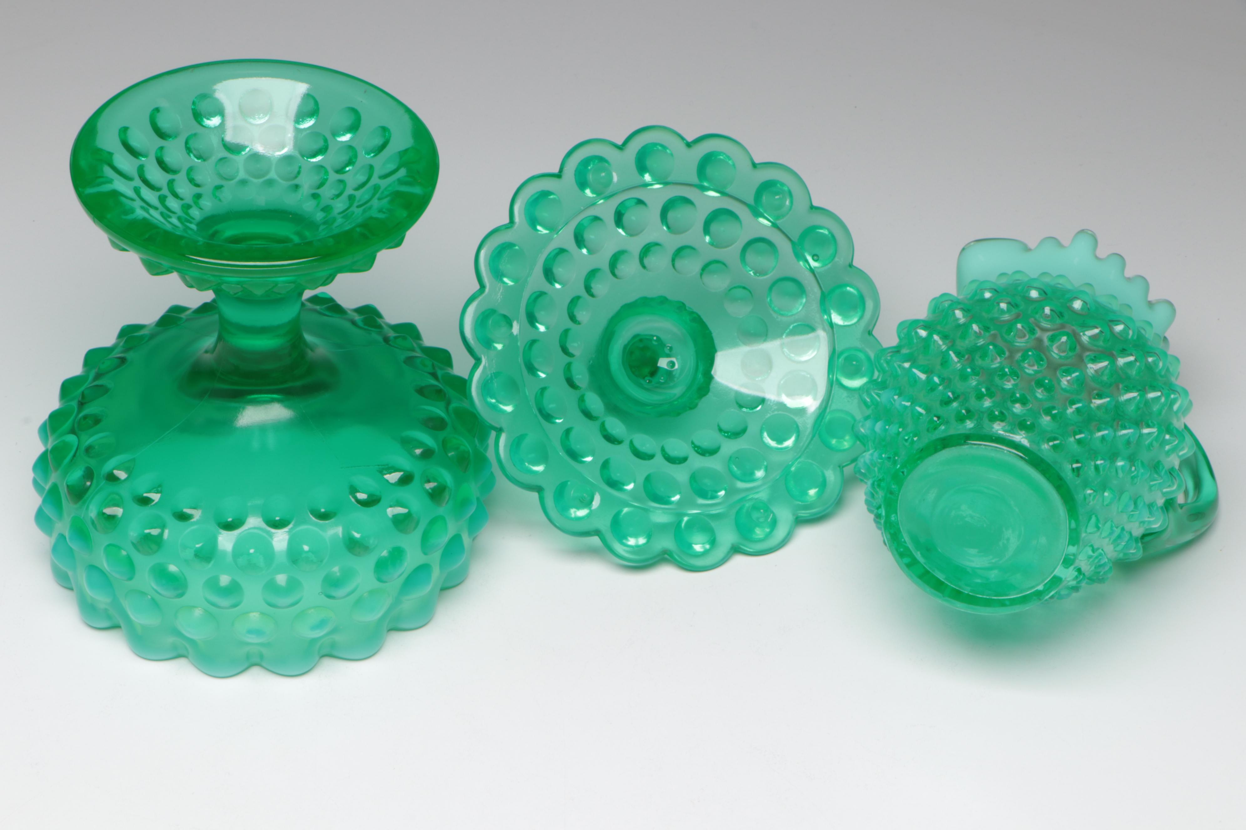 Fenton Uranium Glass Bowl with Hobnail Candy Dish and Pitcher and Vase