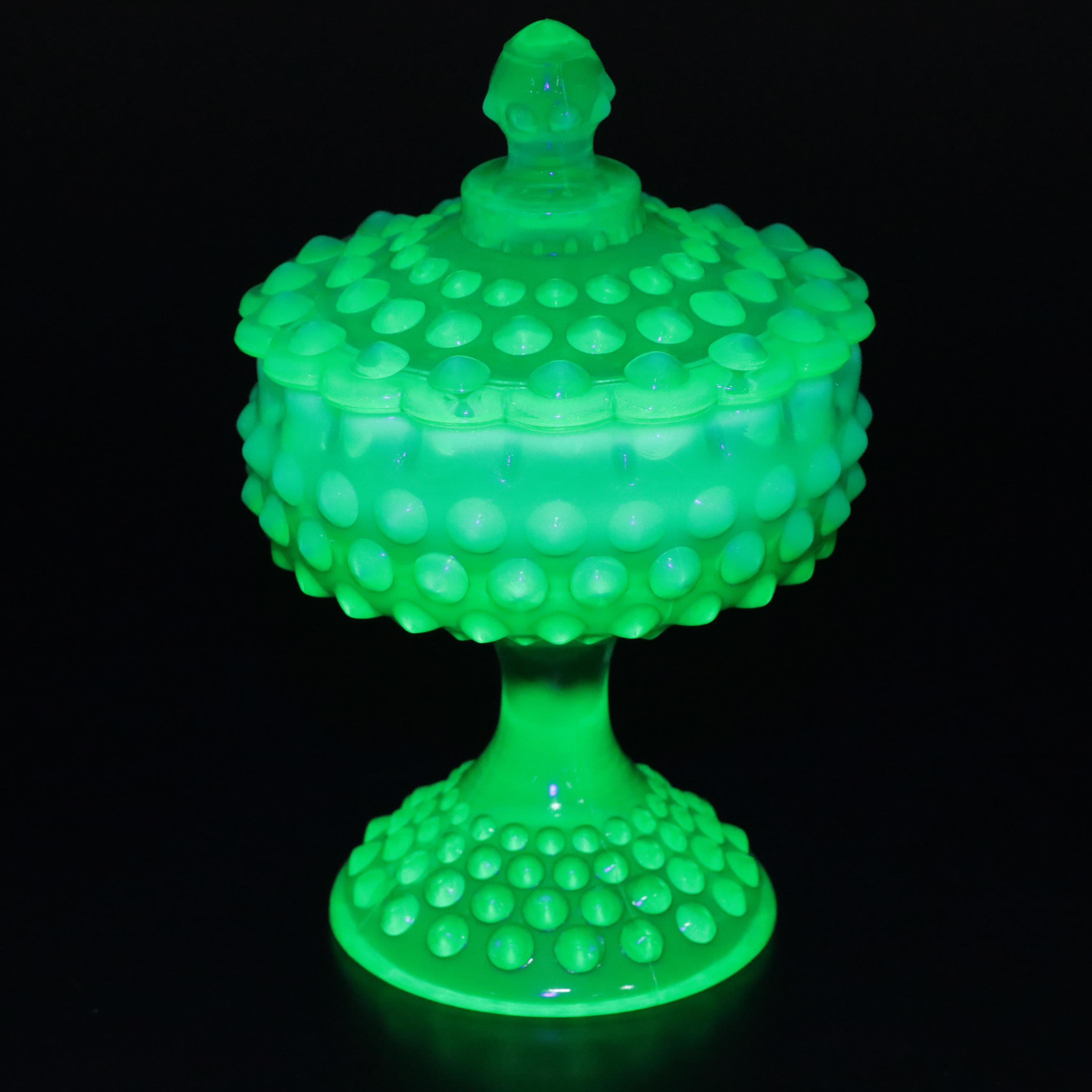 Fenton Uranium Glass Bowl with Hobnail Candy Dish and Pitcher and Vase