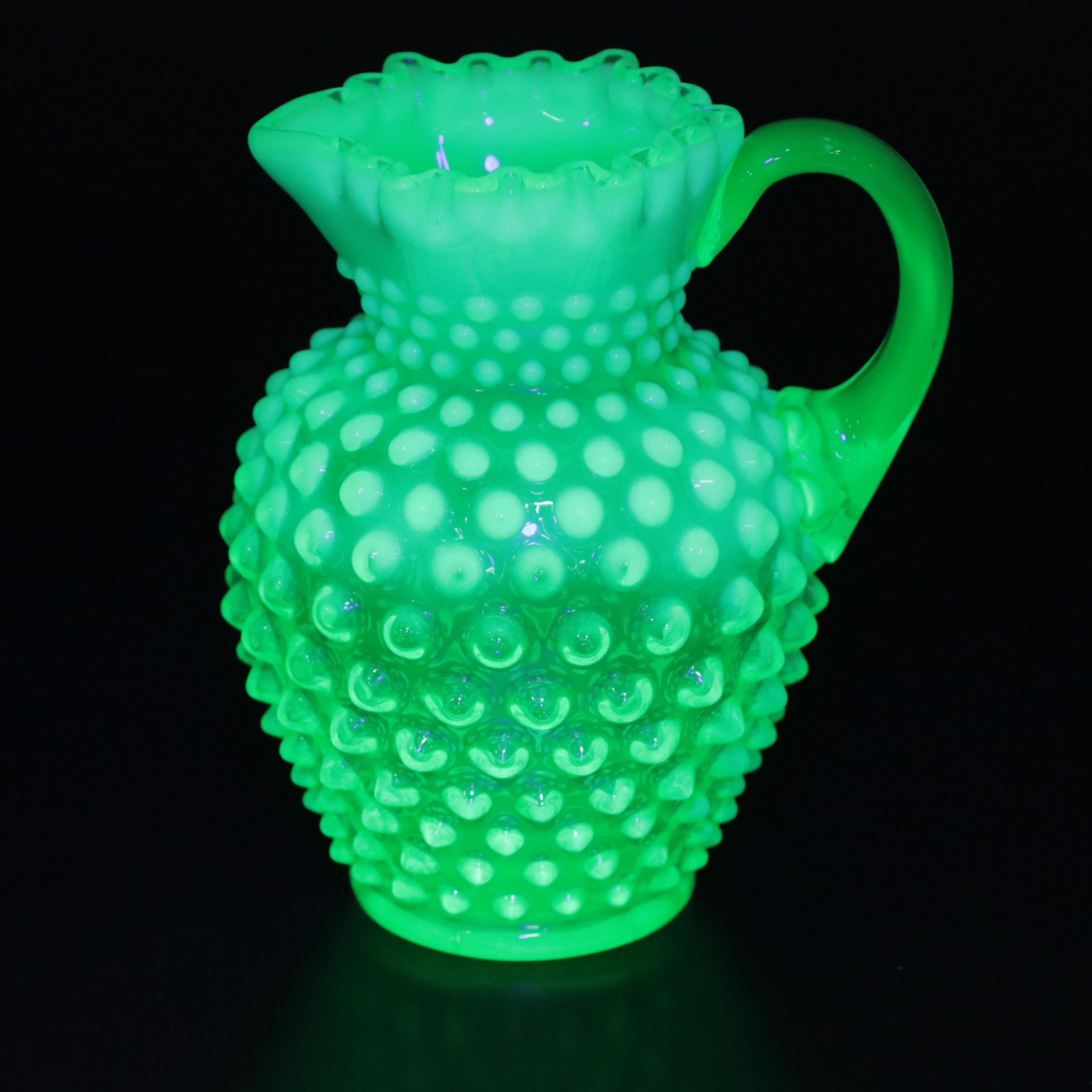 Fenton Uranium Glass Bowl with Hobnail Candy Dish and Pitcher and Vase