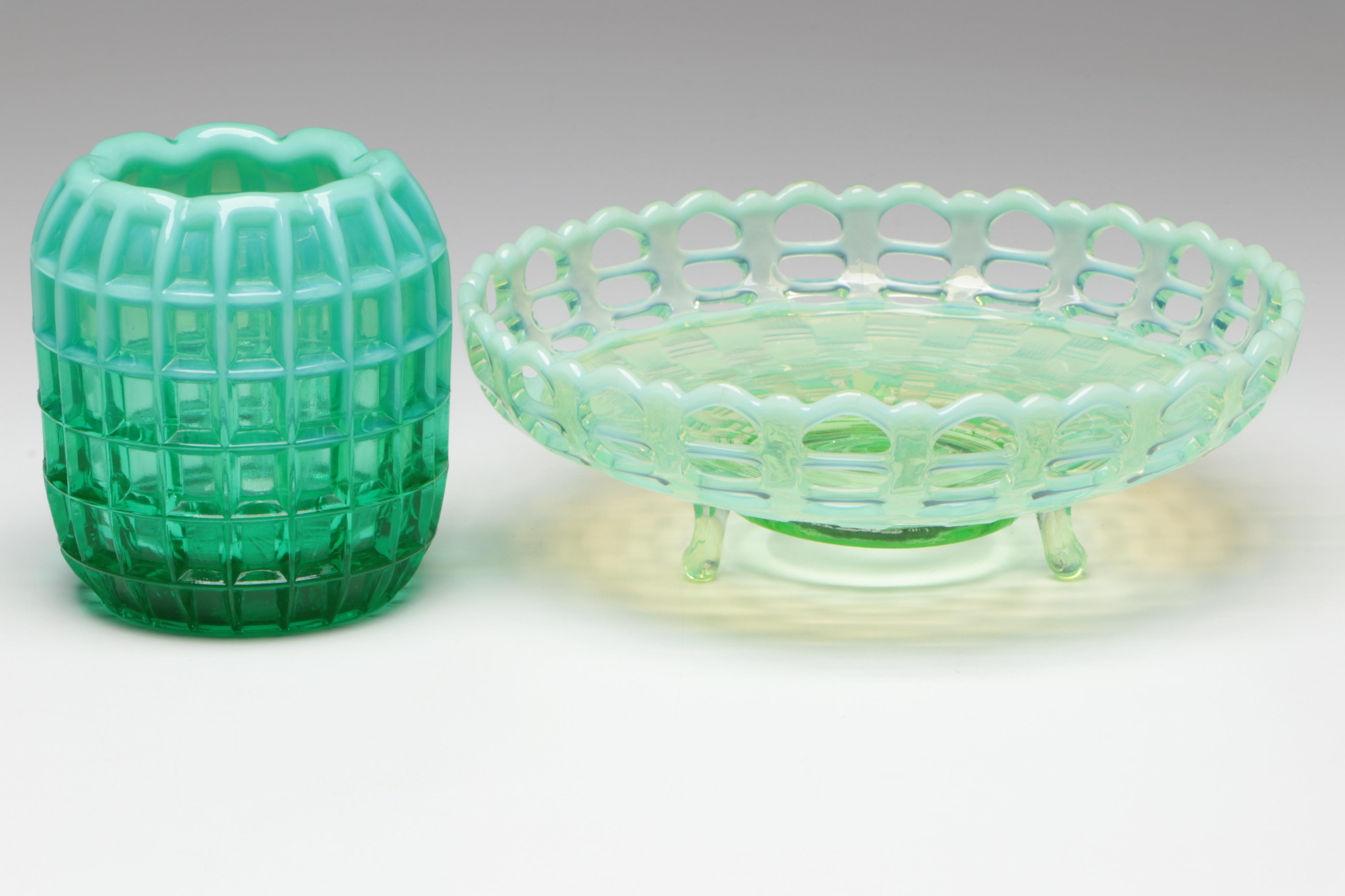 Fenton Uranium Glass Bowl with Hobnail Candy Dish and Pitcher and Vase