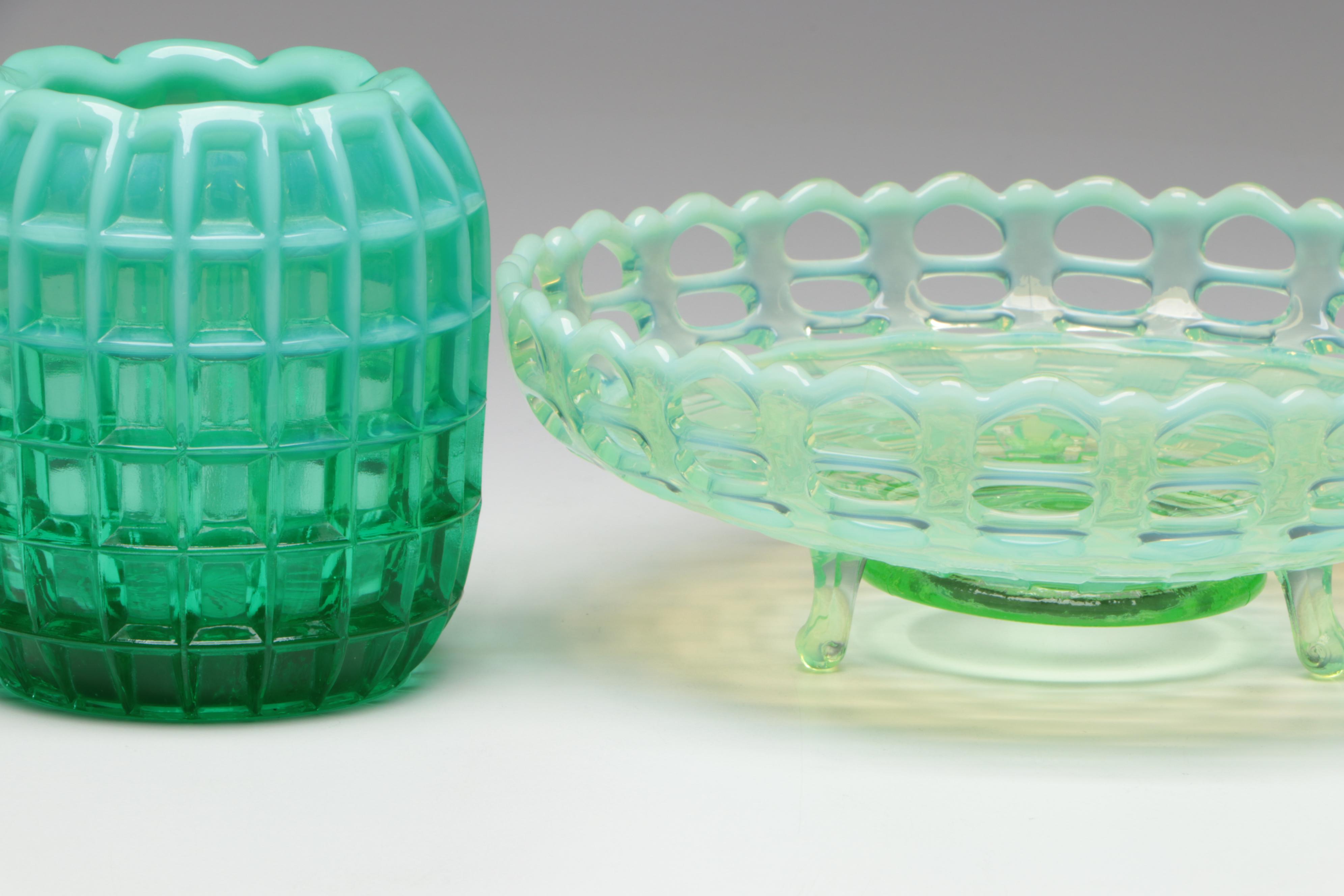 Fenton Uranium Glass Bowl with Hobnail Candy Dish and Pitcher and Vase