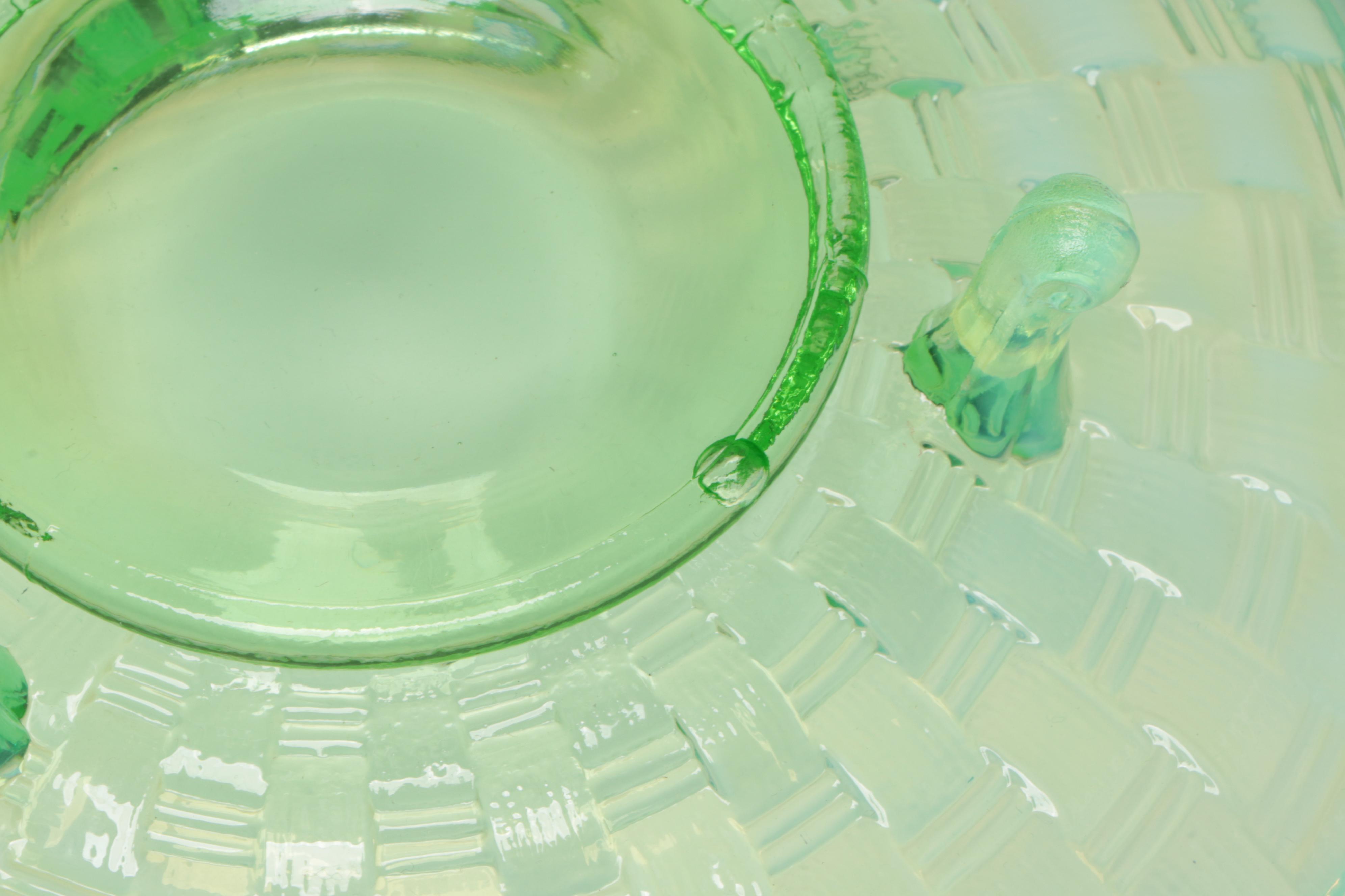 Fenton Uranium Glass Bowl with Hobnail Candy Dish and Pitcher and Vase