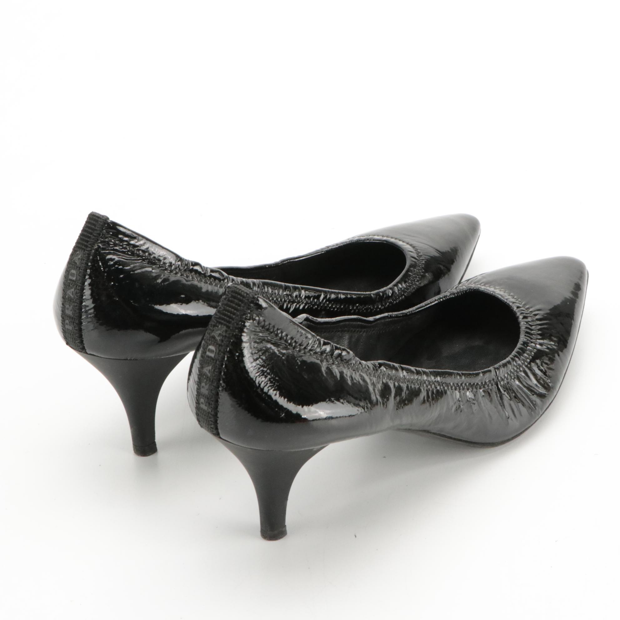 Prada Pointed Toe Kitten Heels in Black Patent Leather