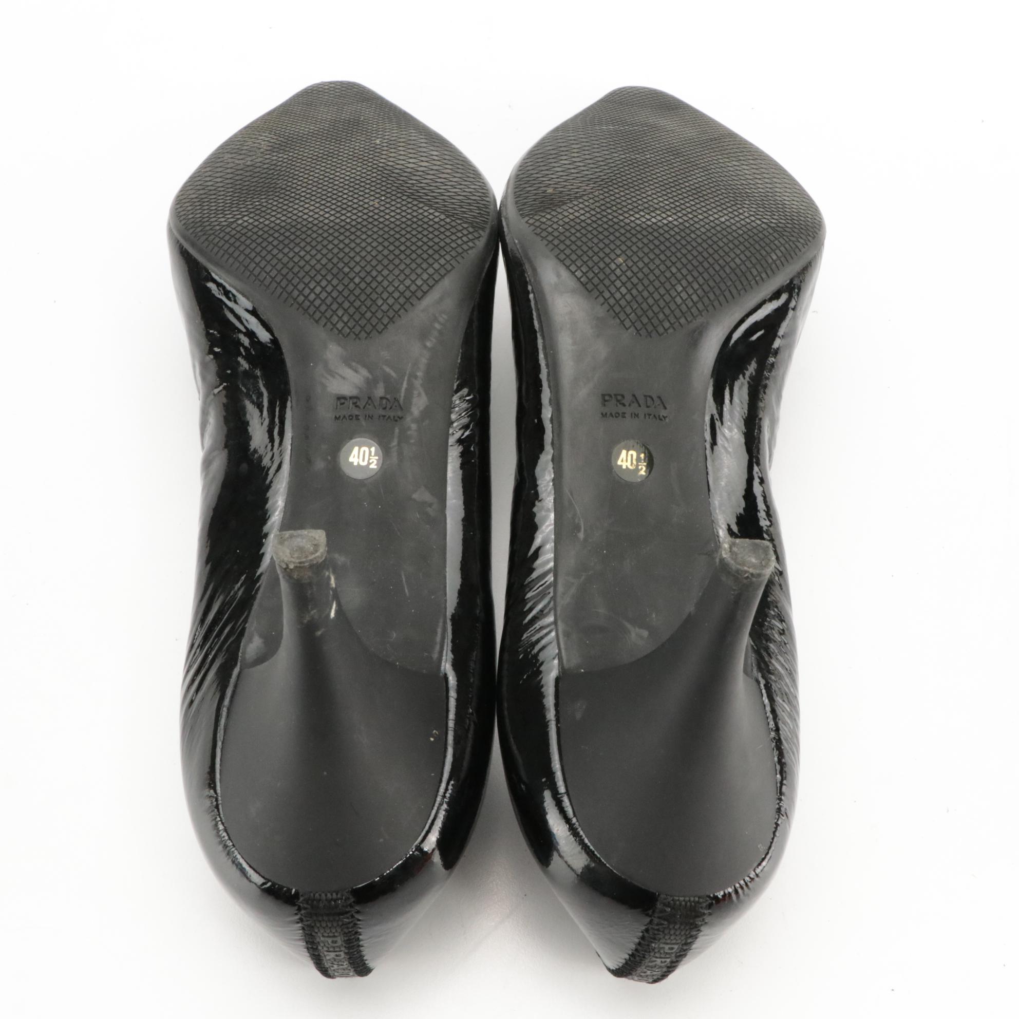 Prada Pointed Toe Kitten Heels in Black Patent Leather