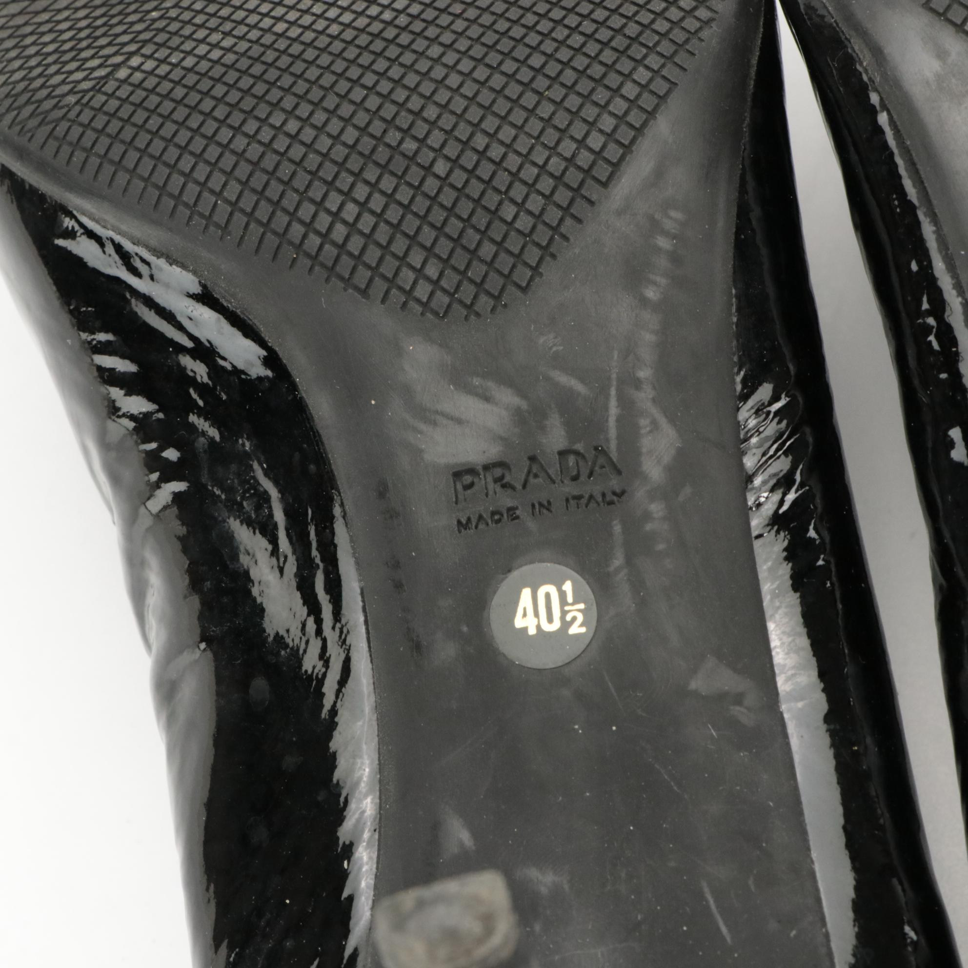 Prada Pointed Toe Kitten Heels in Black Patent Leather