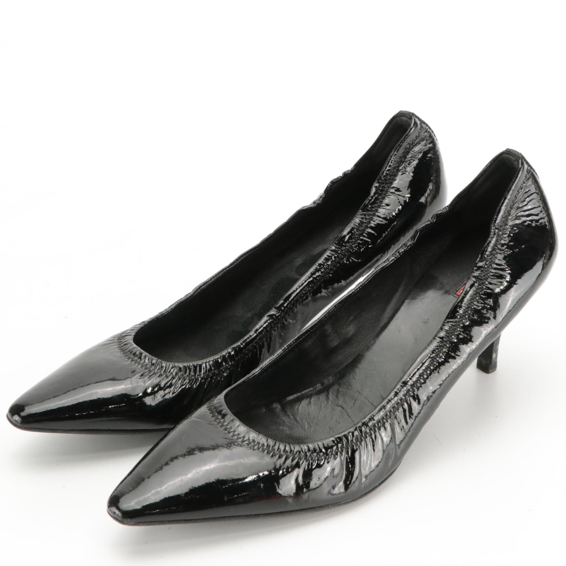 Prada Pointed Toe Kitten Heels in Black Patent Leather