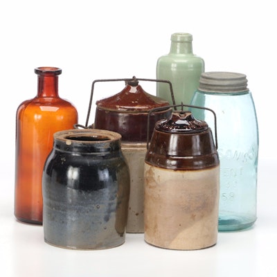 Mason's Canning Jar with Other Amber Glass Bottle and Other Stoneware, 20th C.