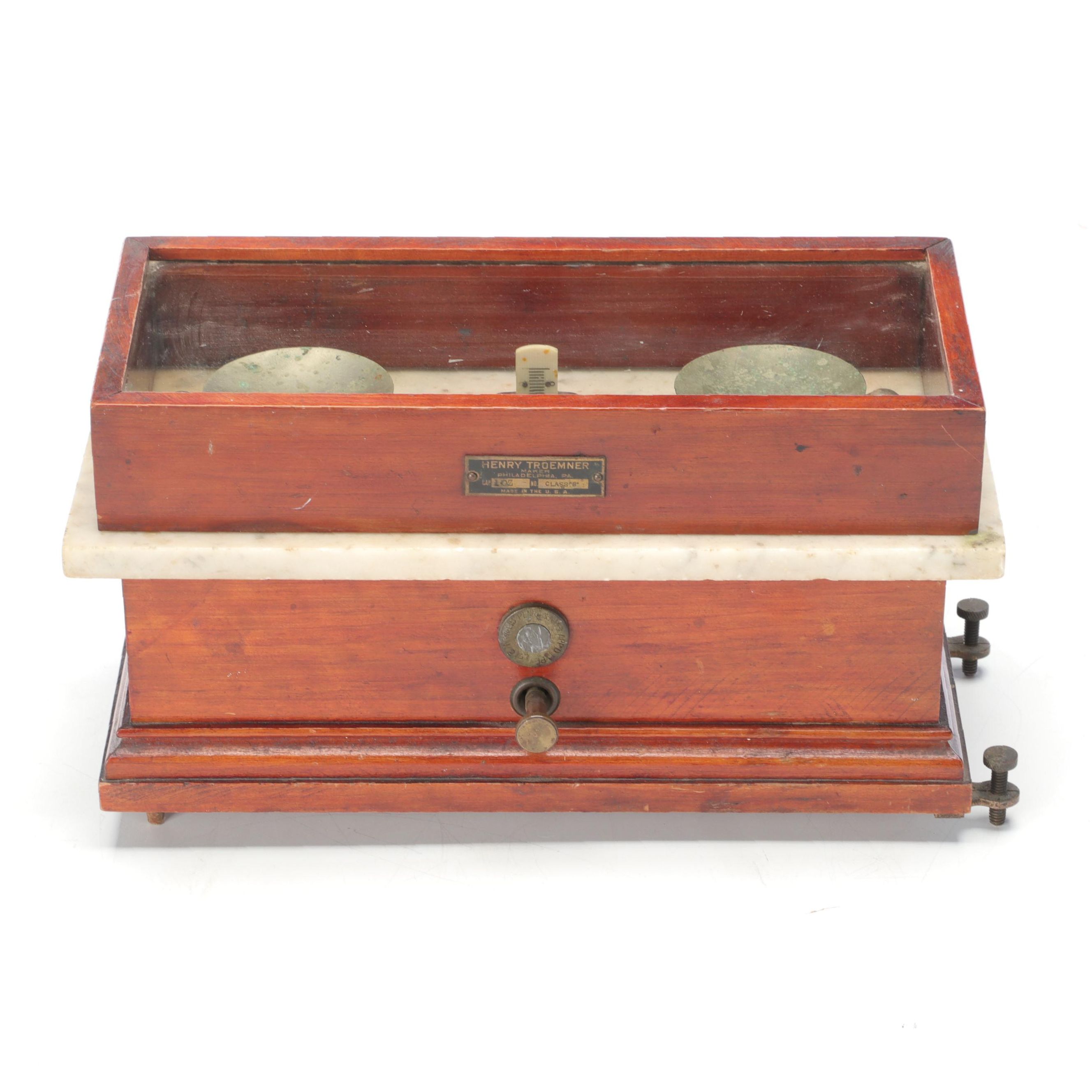 Henry Troemner 1 Oz. Class B Walnut, Brass and Marble Apothecary Scale
