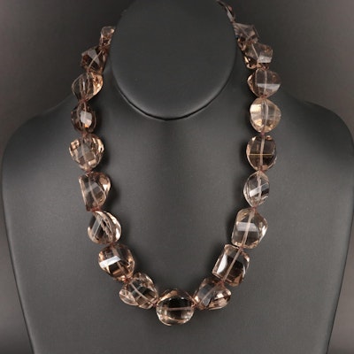 Smoky Quartz Freeform Faceted Bead Necklace with Sterling Clasp