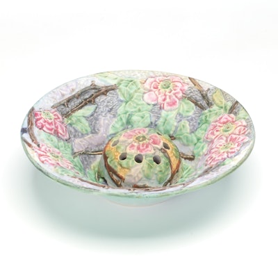 Weller Pottery Silvertone Rose Arbor Bowl With Flower Frog