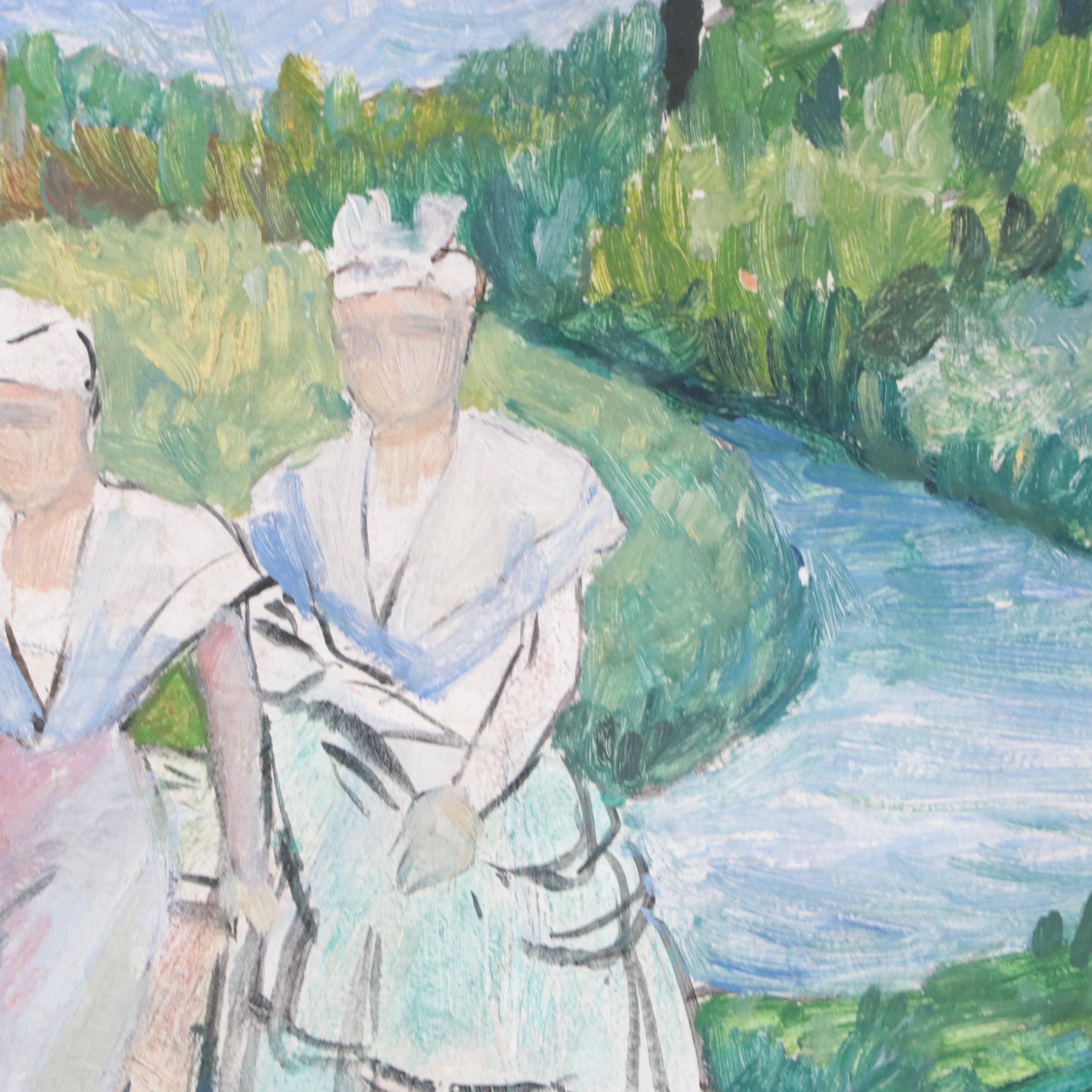 Countryside Landscape Oil Painting of Two Figures Walking Along Pathway