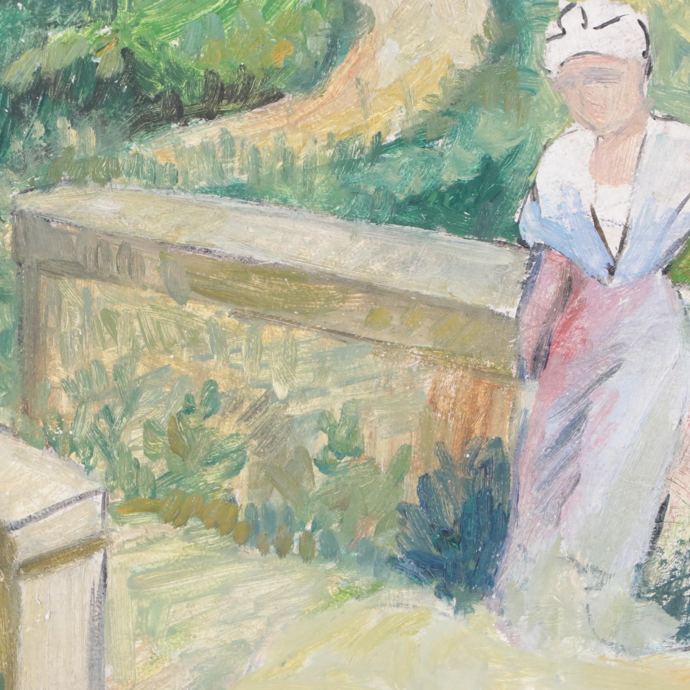 Countryside Landscape Oil Painting of Two Figures Walking Along Pathway