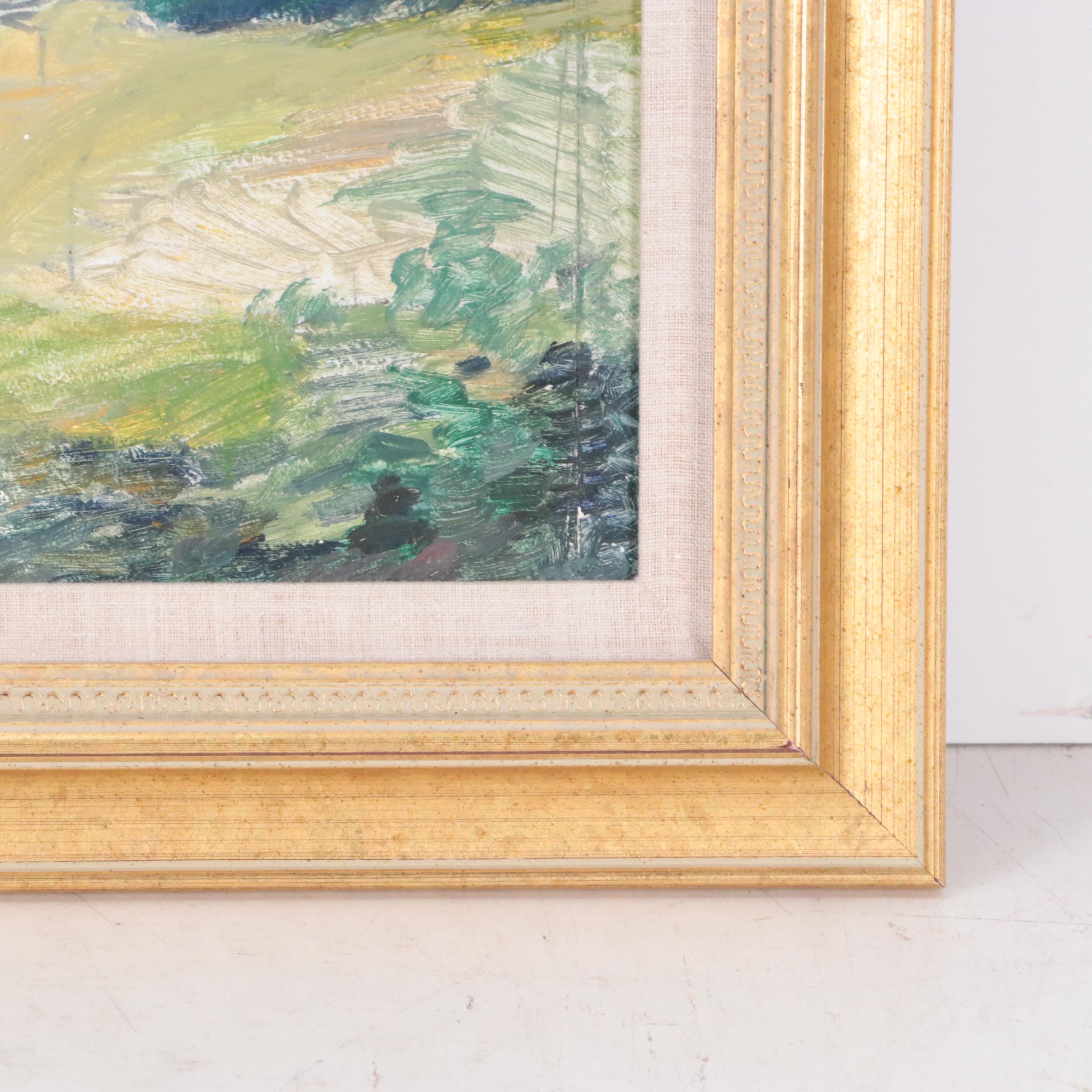 Countryside Landscape Oil Painting of Two Figures Walking Along Pathway