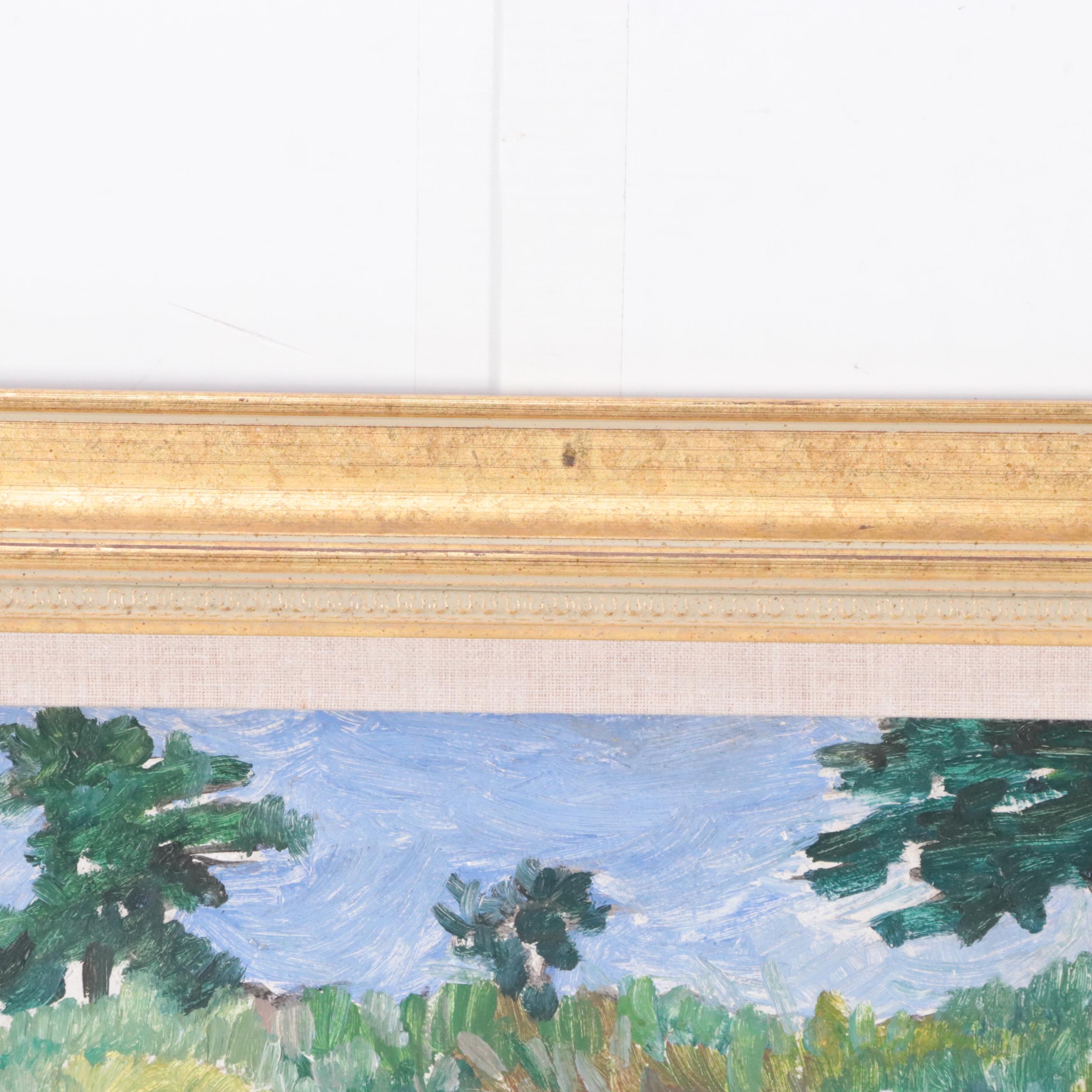 Countryside Landscape Oil Painting of Two Figures Walking Along Pathway