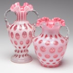 Fenton Cranberry Coin Dot Ruffled Art Glass Double-Handled Vases