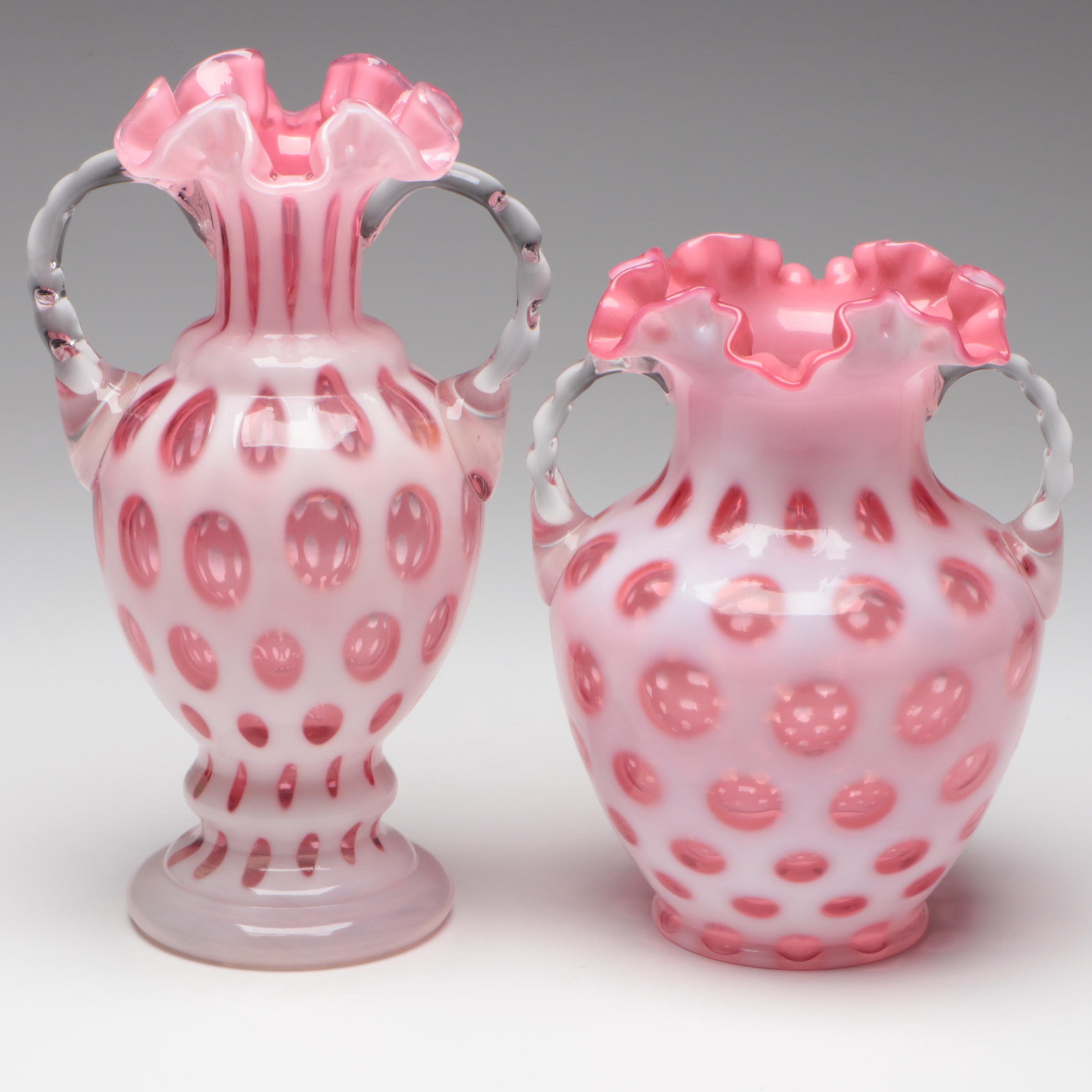 Fenton Cranberry Coin Dot Ruffled Art Glass Double-Handled Vases