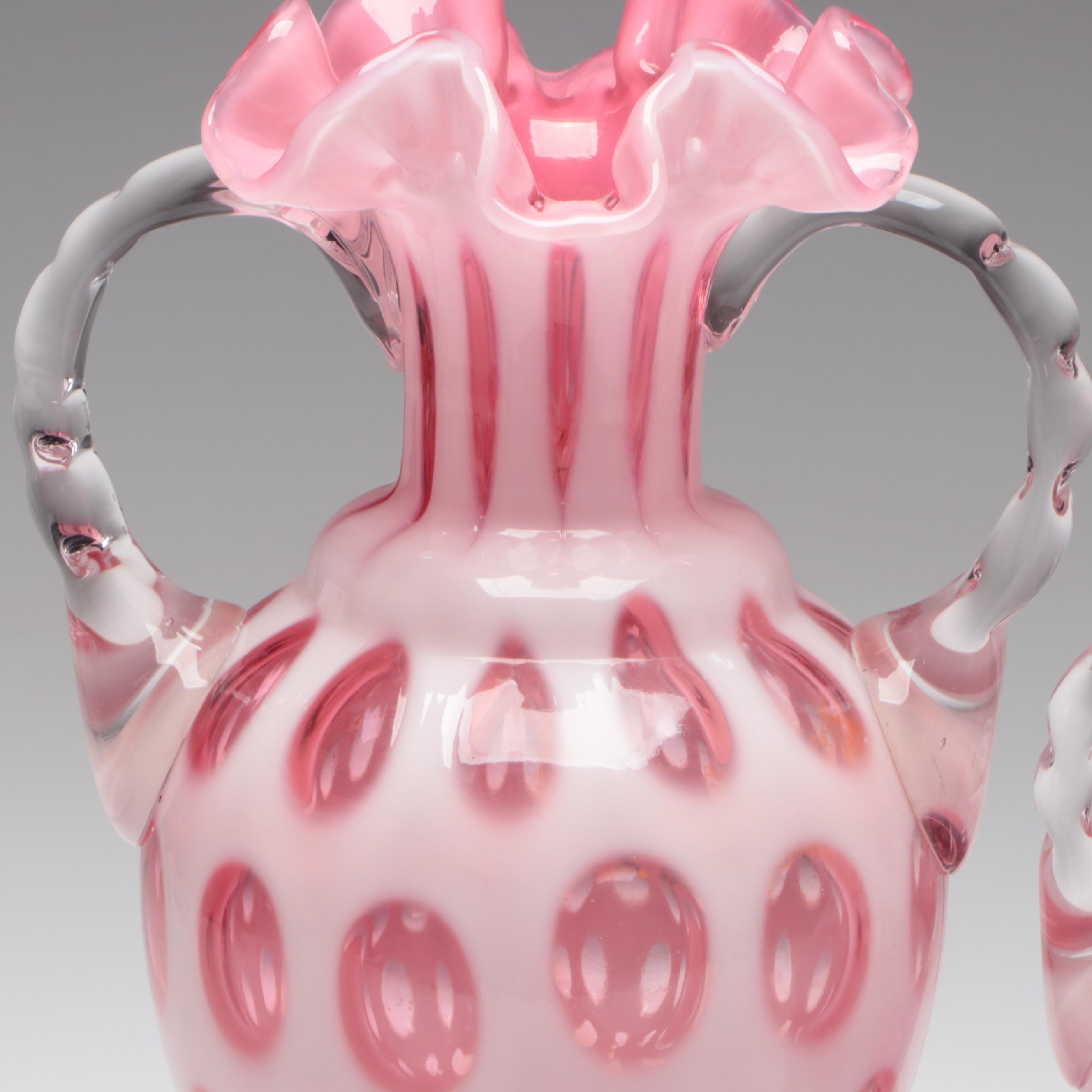 Fenton Cranberry Coin Dot Ruffled Art Glass Double-Handled Vases