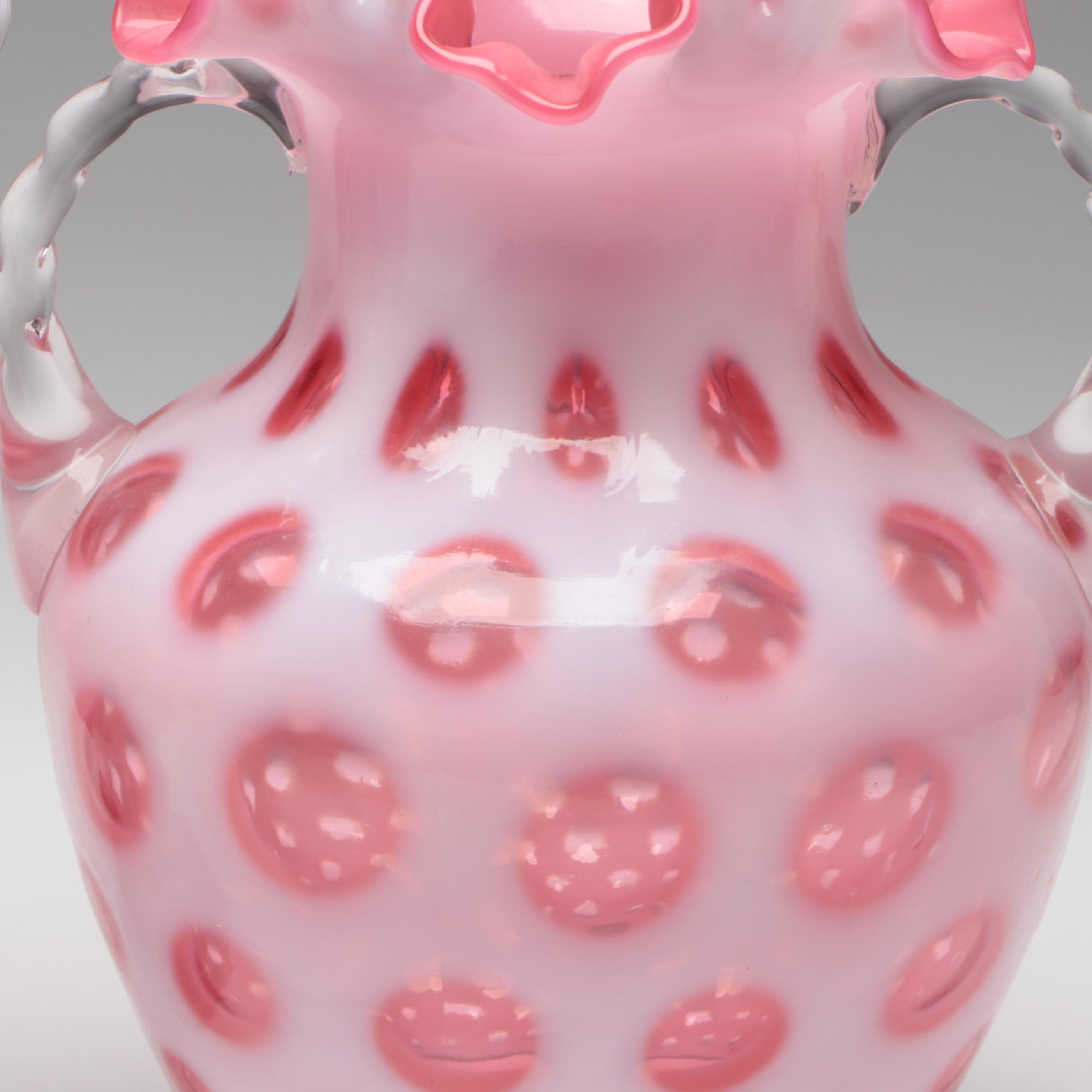 Fenton Cranberry Coin Dot Ruffled Art Glass Double-Handled Vases