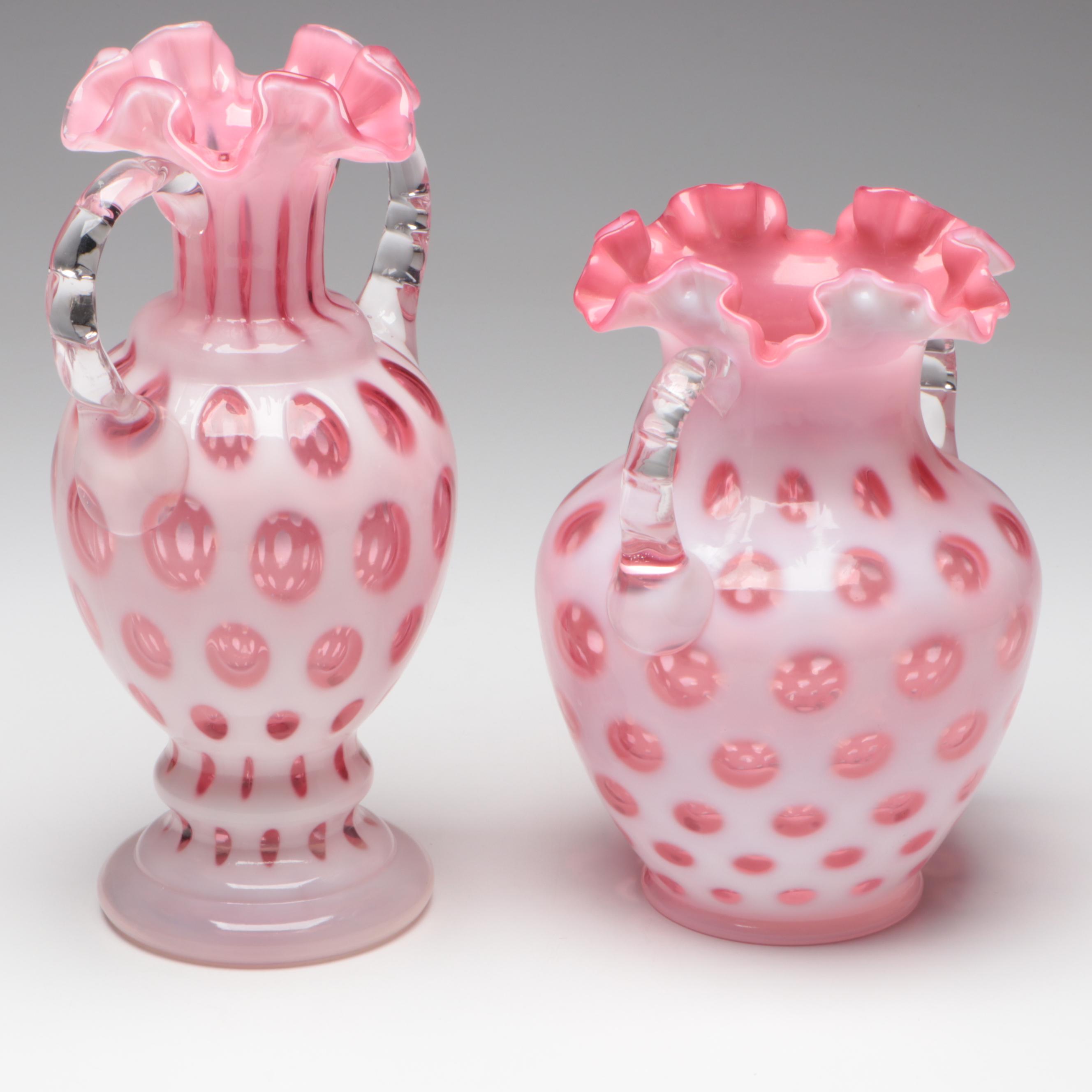 Fenton Cranberry Coin Dot Ruffled Art Glass Double-Handled Vases