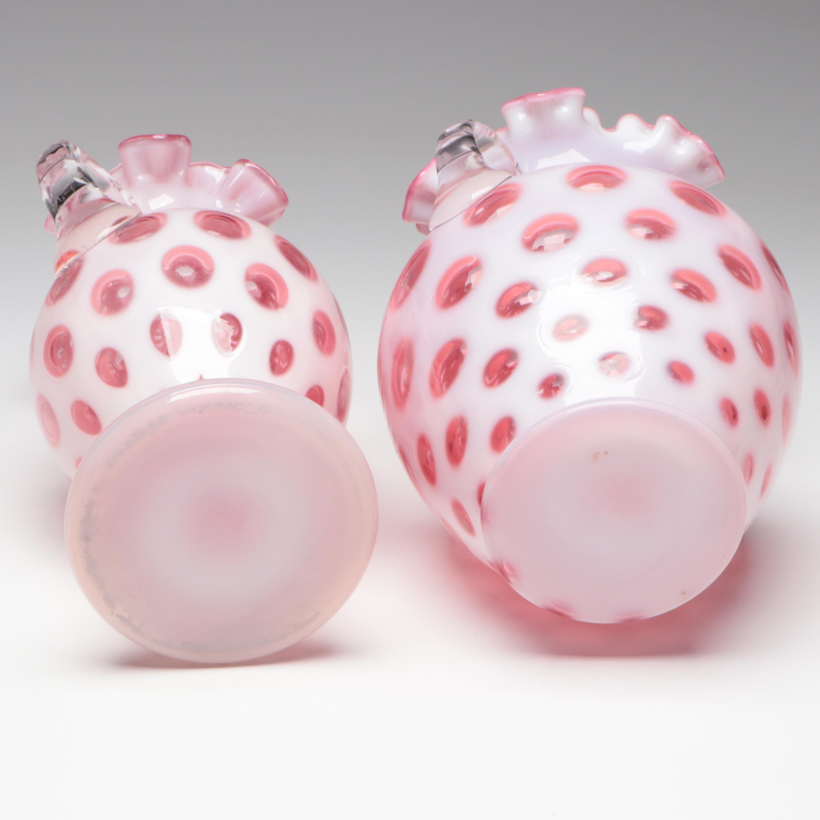 Fenton Cranberry Coin Dot Ruffled Art Glass Double-Handled Vases