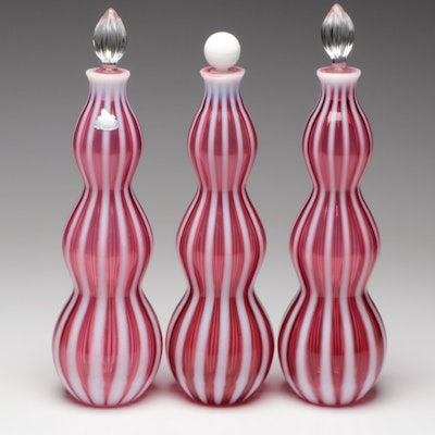 Fenton "New World" Cranberry and Opalescent Stripe Glass Decanters with Stoppers