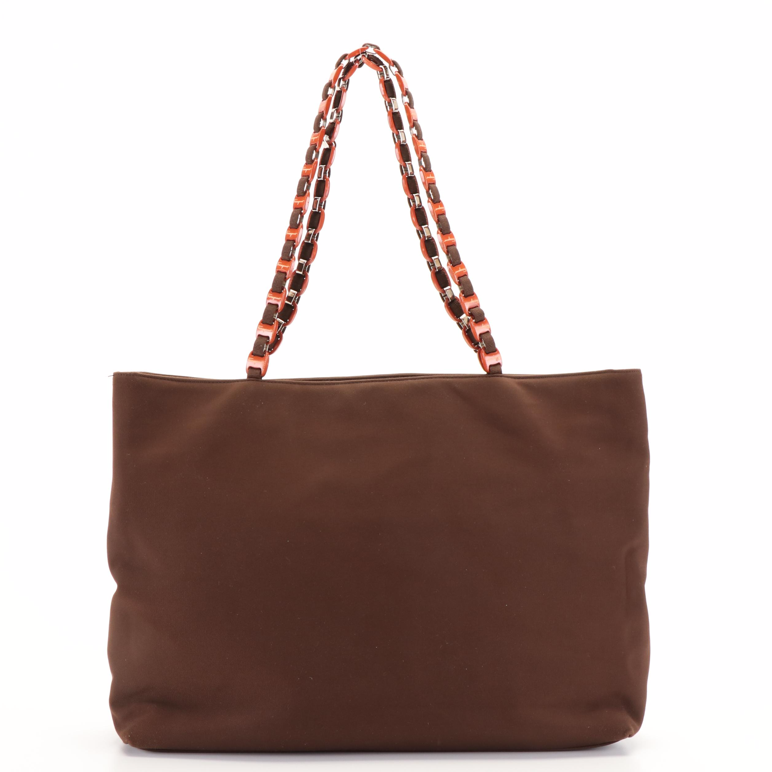 Salvatore Ferragamo Chain Link Shoulder Bag in Brown Canvas