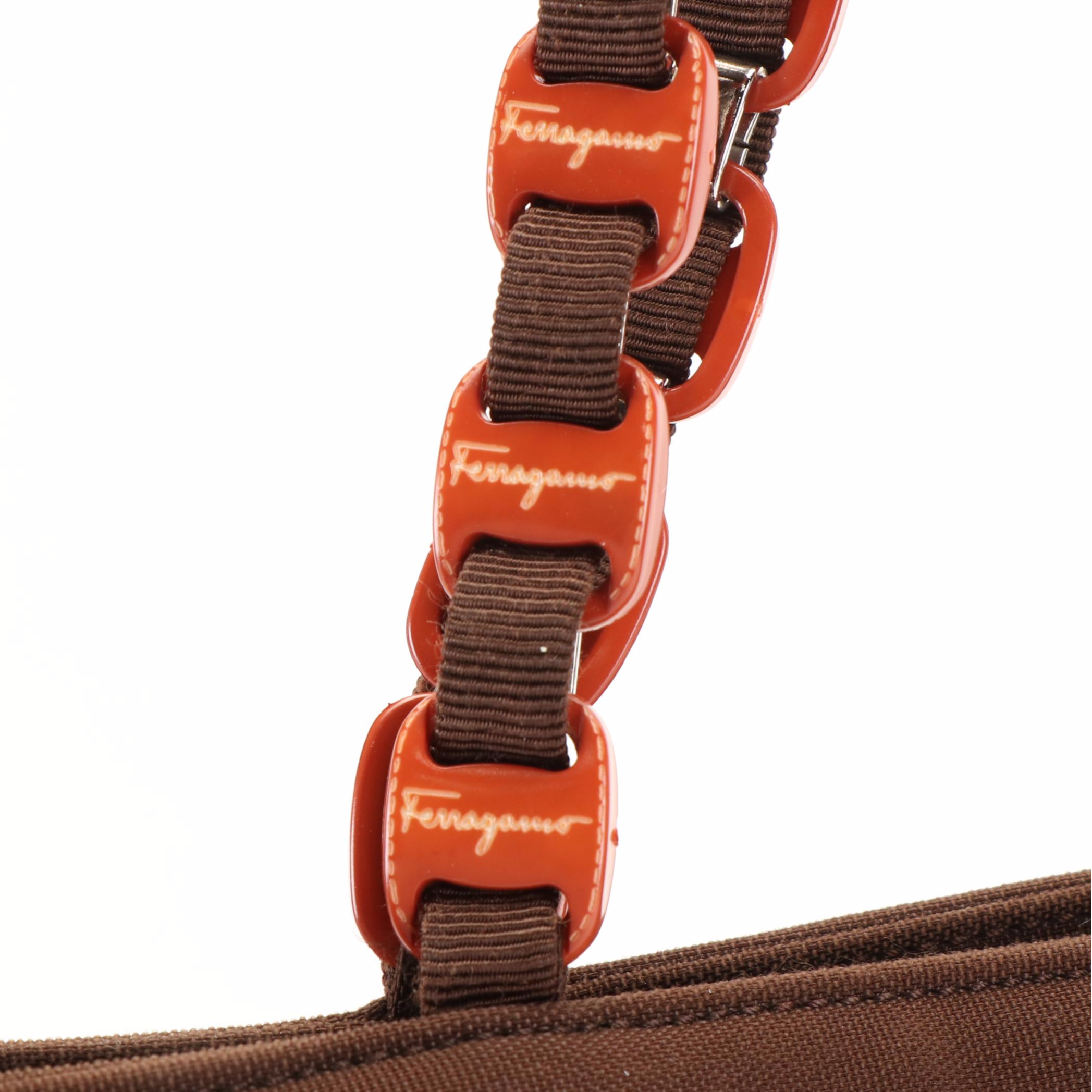 Salvatore Ferragamo Chain Link Shoulder Bag in Brown Canvas