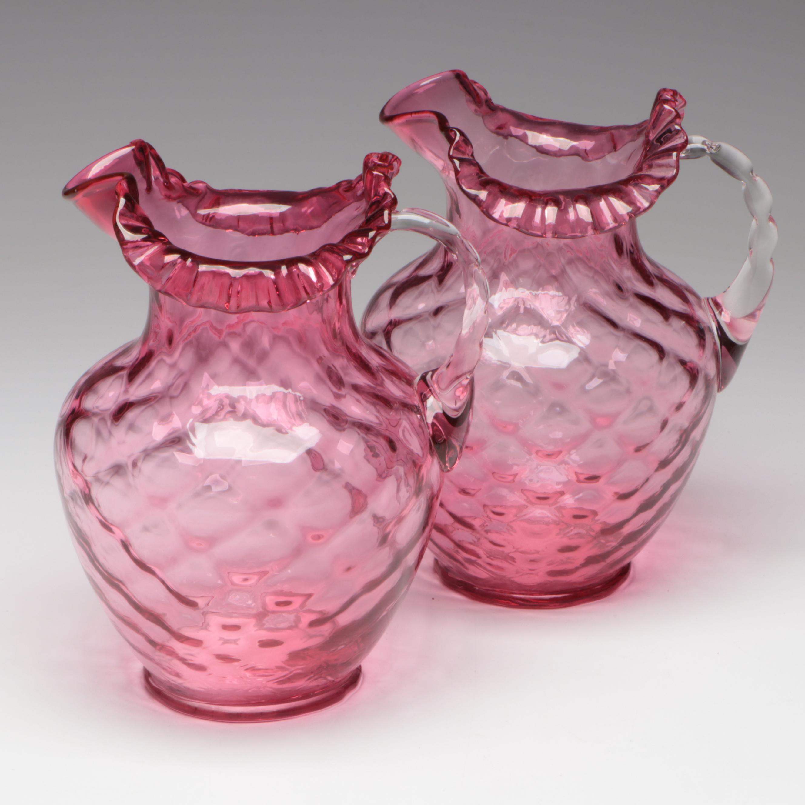 Fenton Optic Cranberry Glass Ruffled Pitchers