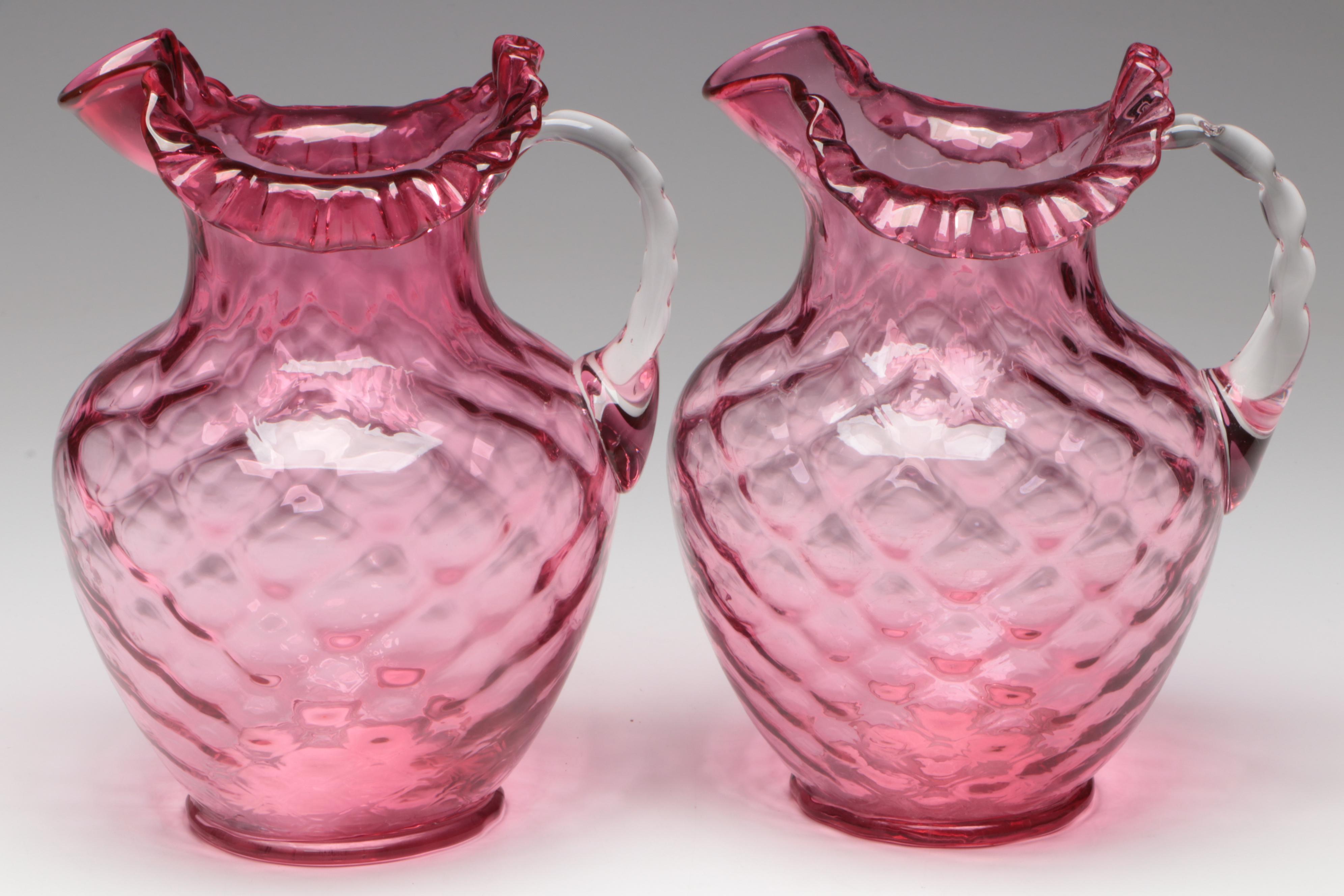 Fenton Optic Cranberry Glass Ruffled Pitchers