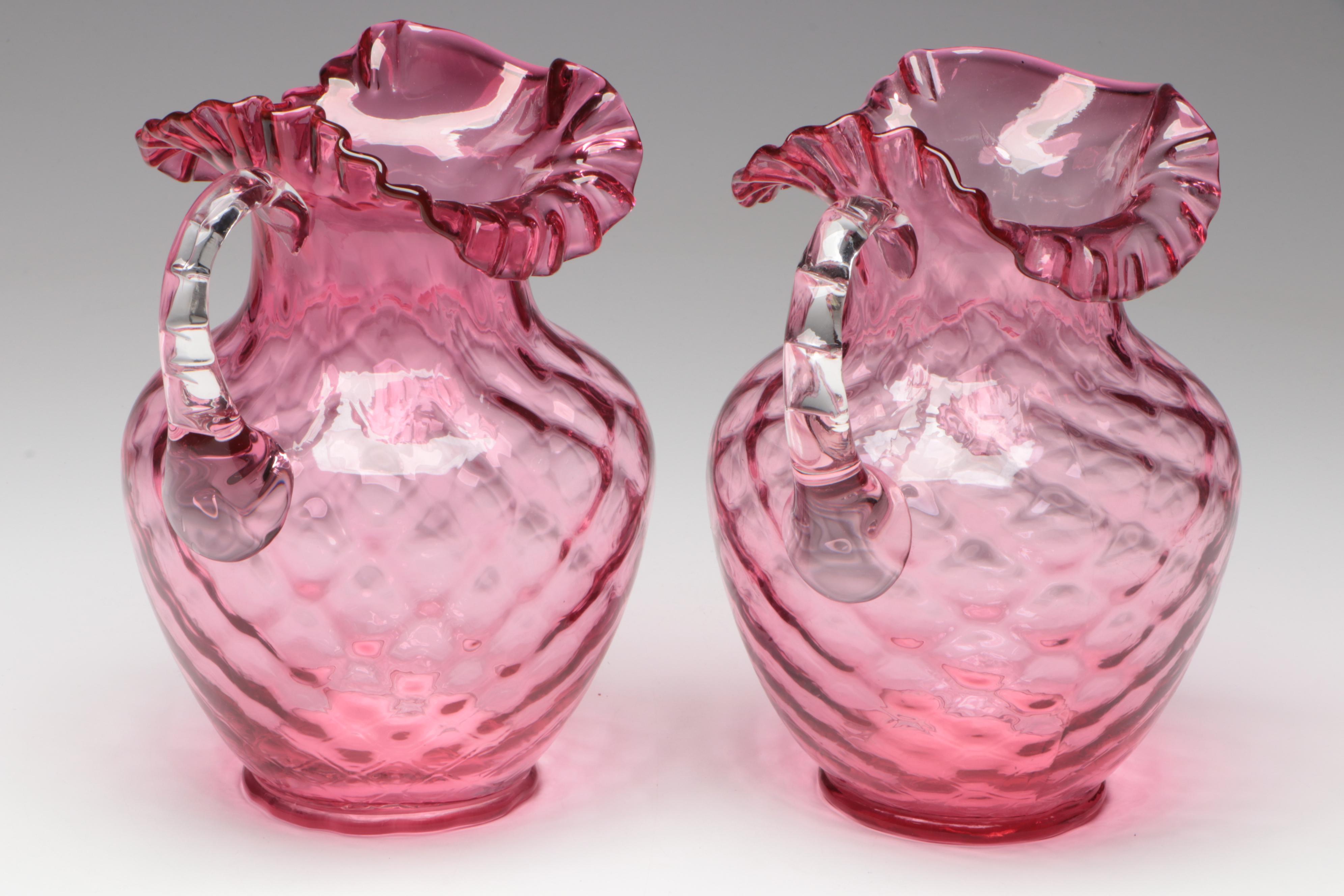 Fenton Optic Cranberry Glass Ruffled Pitchers