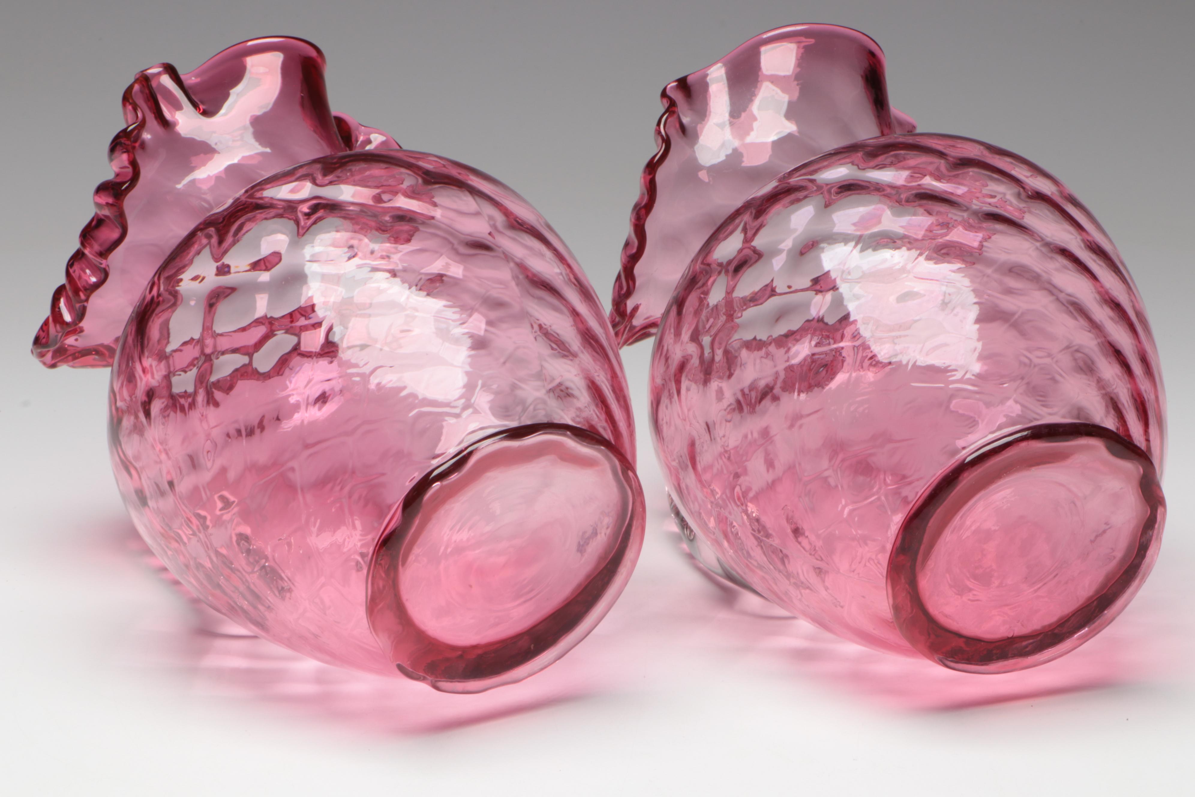 Fenton Optic Cranberry Glass Ruffled Pitchers