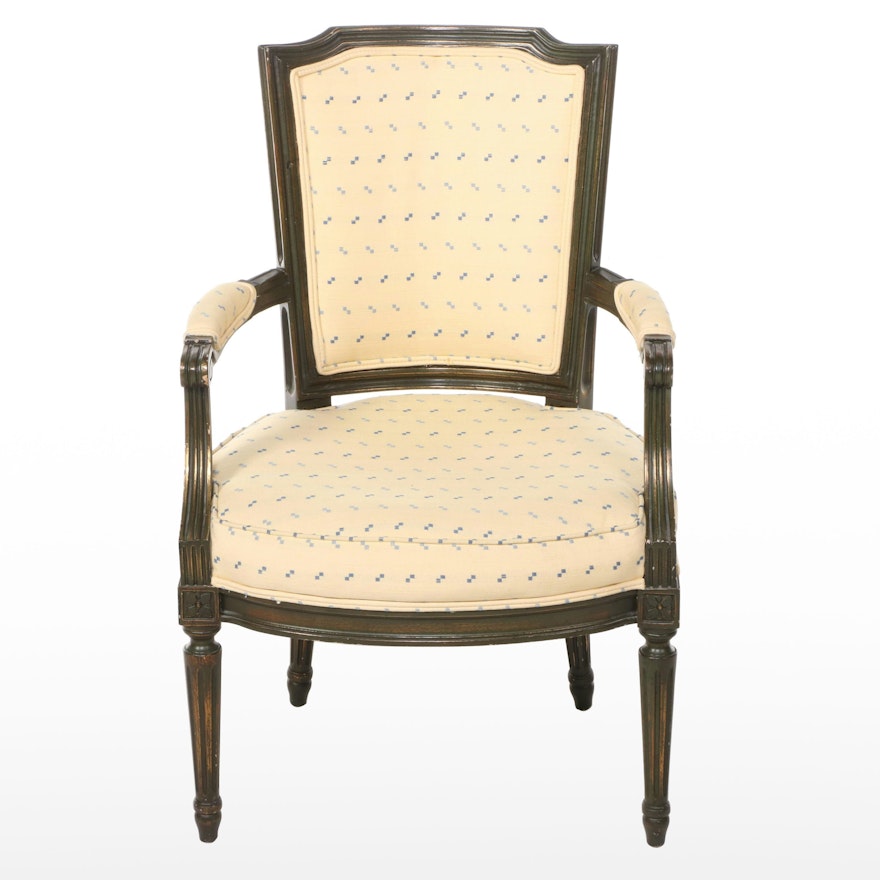 Louis XVI Style Painted, Parcel-Gilt, and Custom-Upholstered Fauteuil