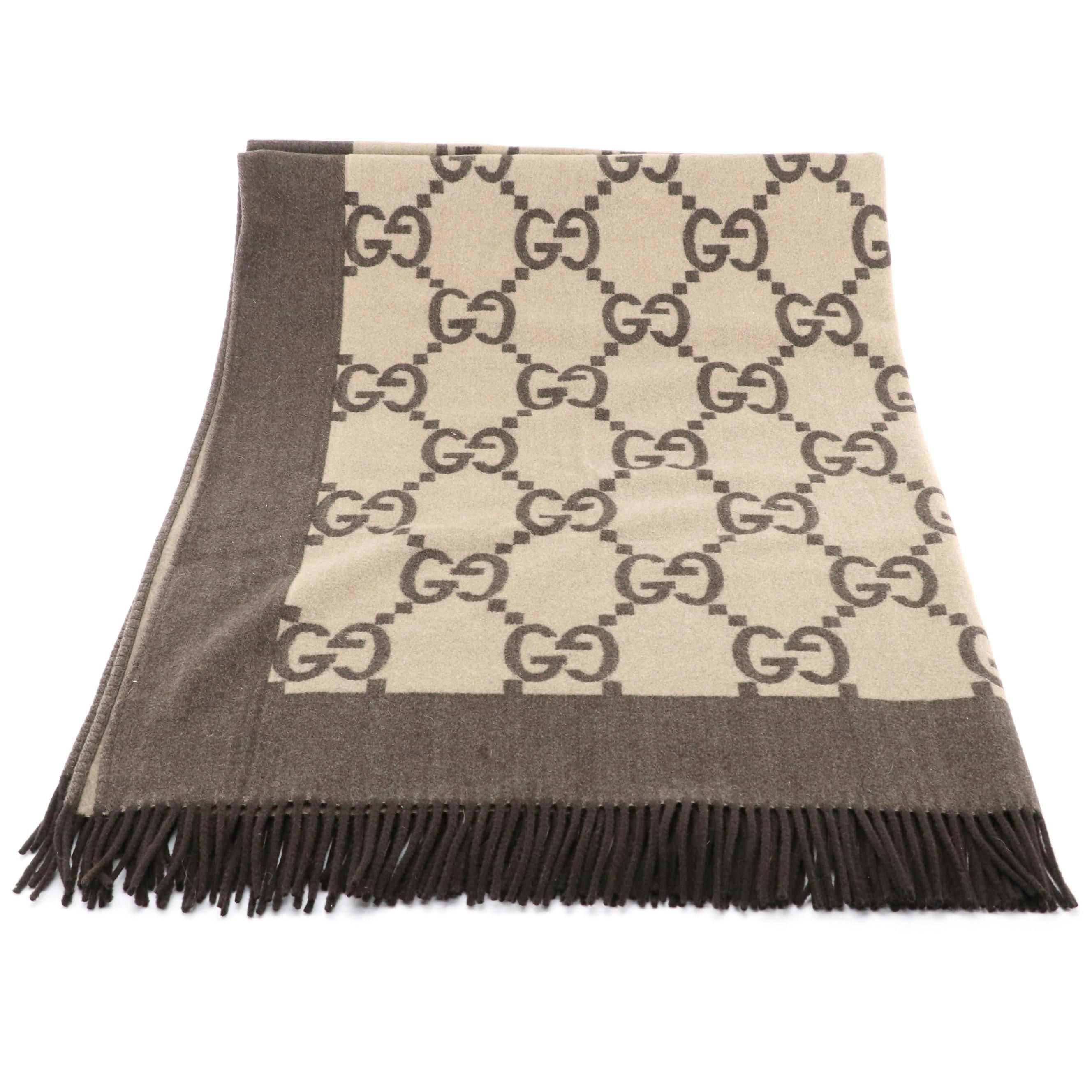 Gucci GG Fringed Blanket Throw in Wool, Nylon, and Cashmere with Box