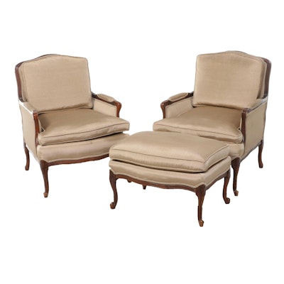 Pair of Louis XV Style Custom-Upholstered Bergère Armchairs with an Ottoman
