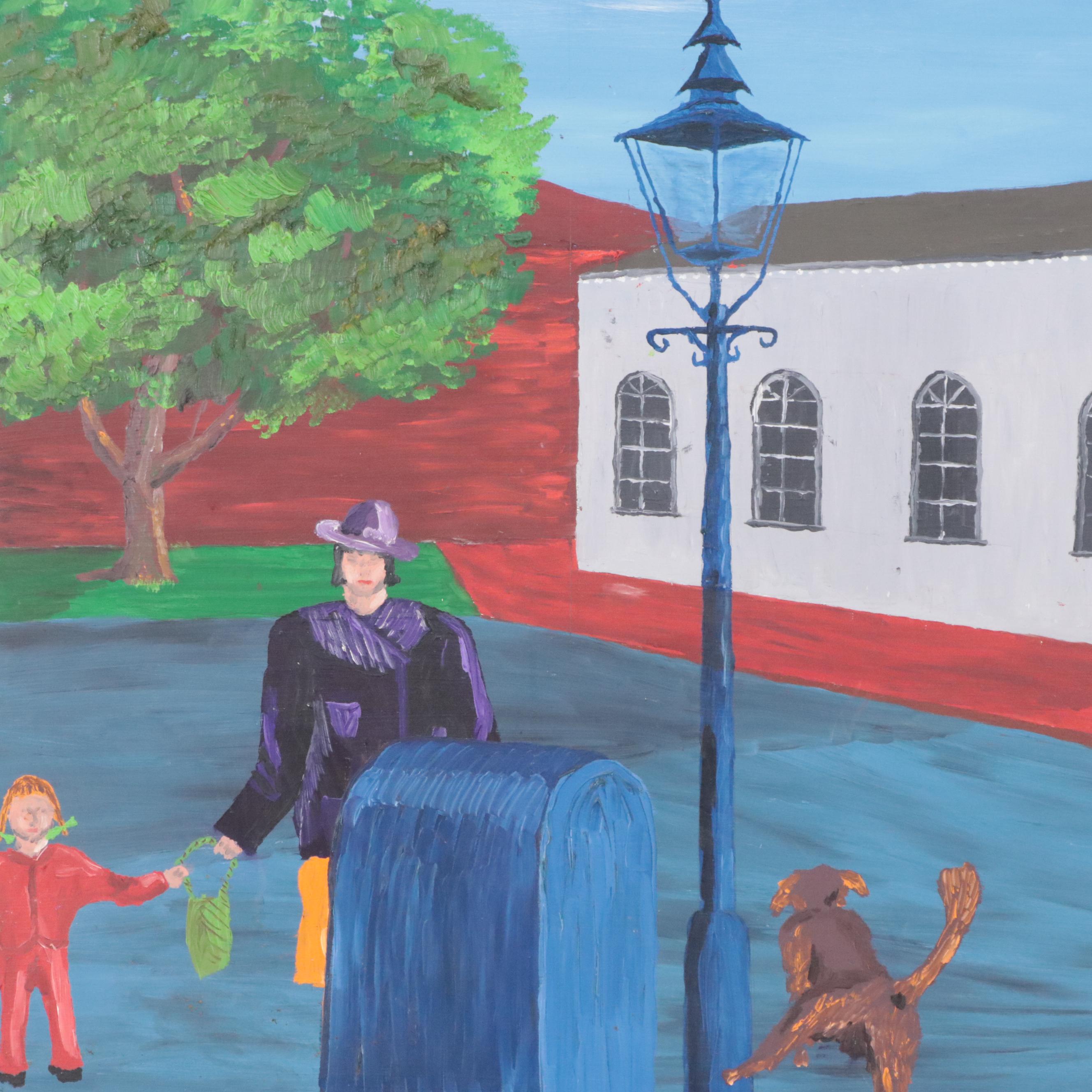 Landscape Acrylic Painting of Street Scene With Church