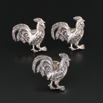 Sterling Rooster Cufflinks and Lapel Pin