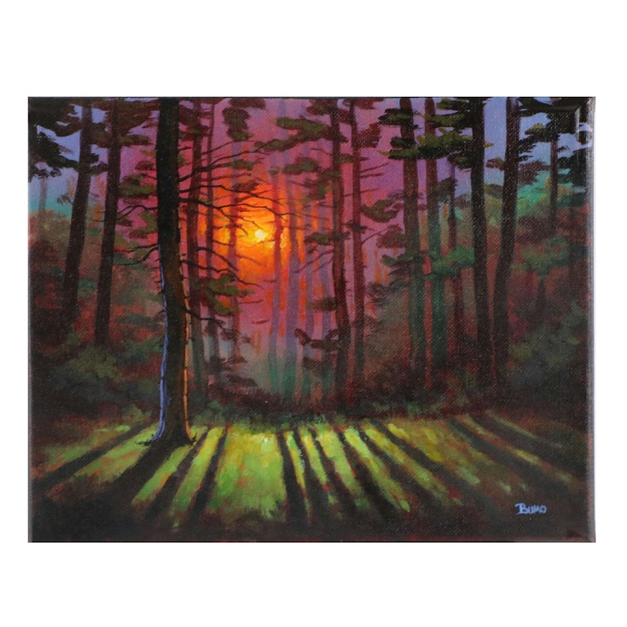 Douglas "Bumo" Johnpeer Sunset Landscape Oil Painting "Forest Shadows," 2024