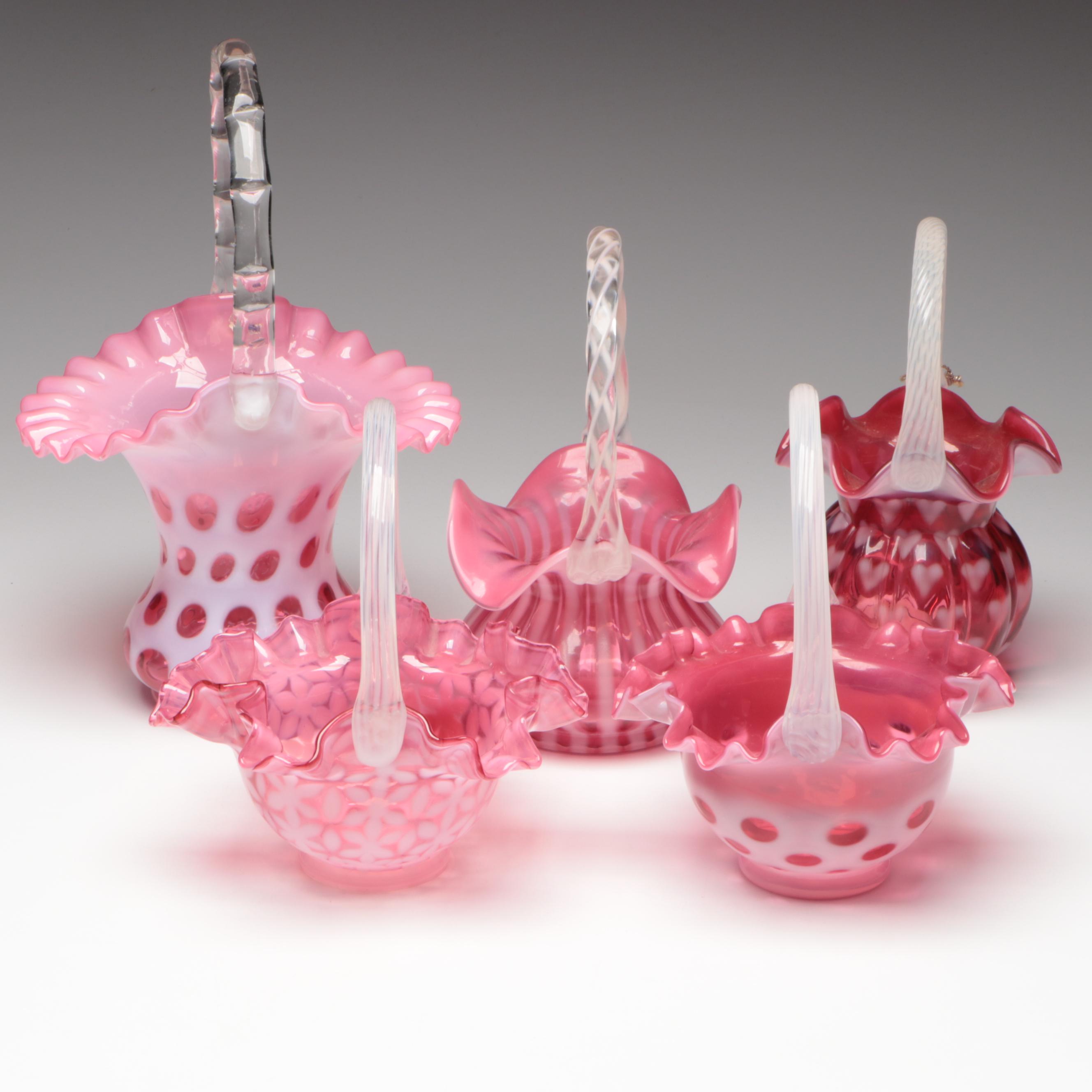 Fenton Coin Dot and More Cranberry Glass Baskets, 20th Century