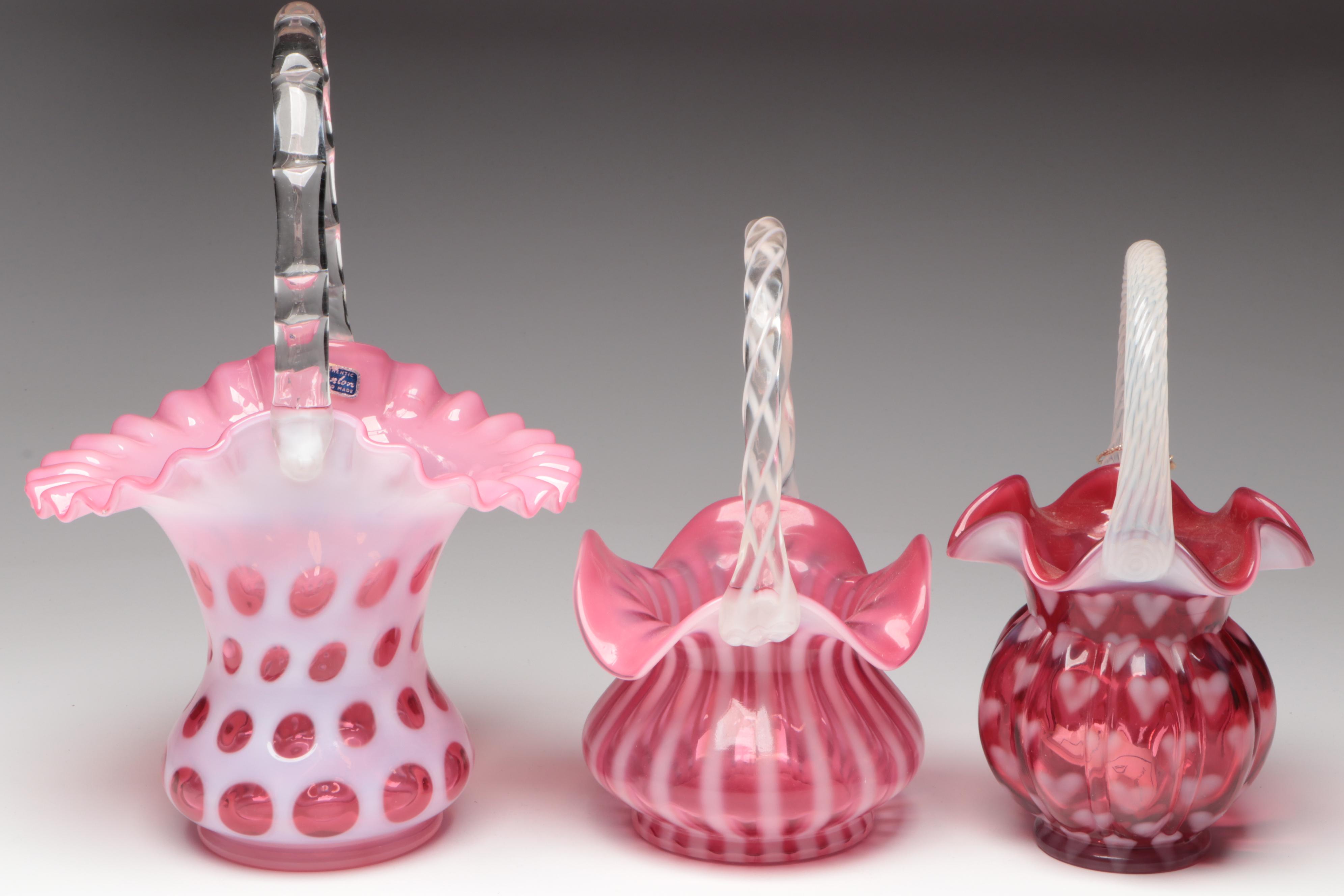 Fenton Coin Dot and More Cranberry Glass Baskets, 20th Century