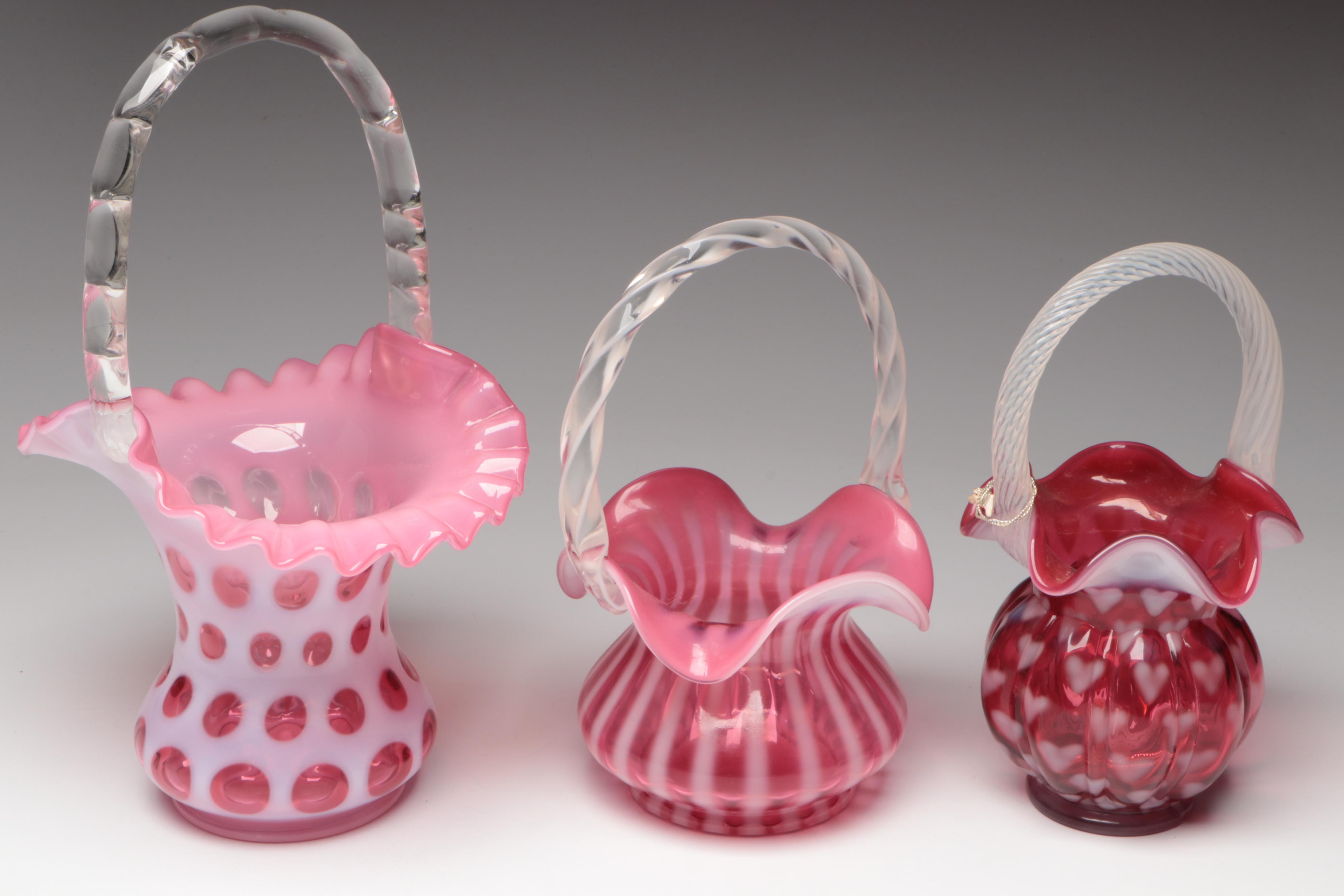 Fenton Coin Dot and More Cranberry Glass Baskets, 20th Century
