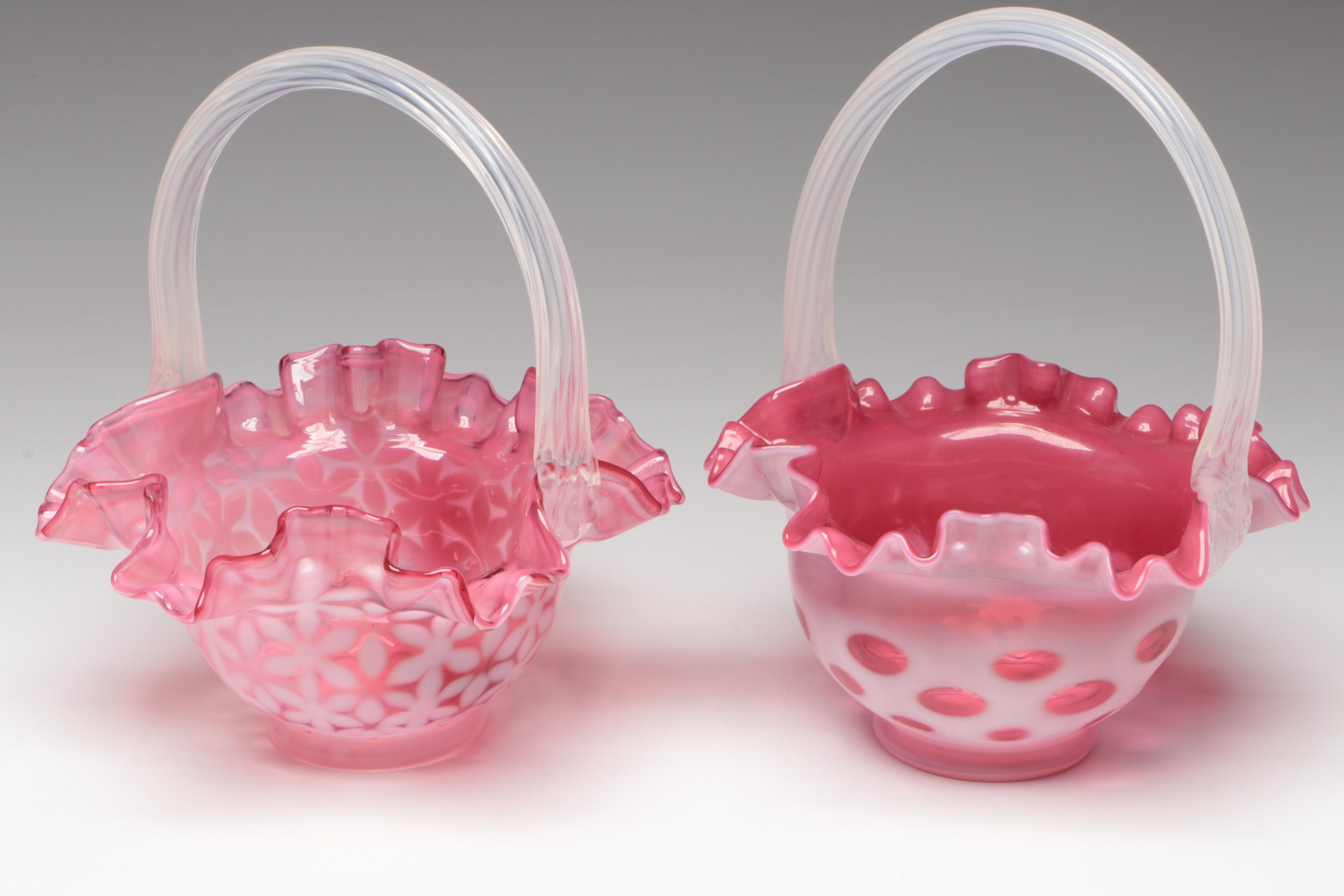 Fenton Coin Dot and More Cranberry Glass Baskets, 20th Century