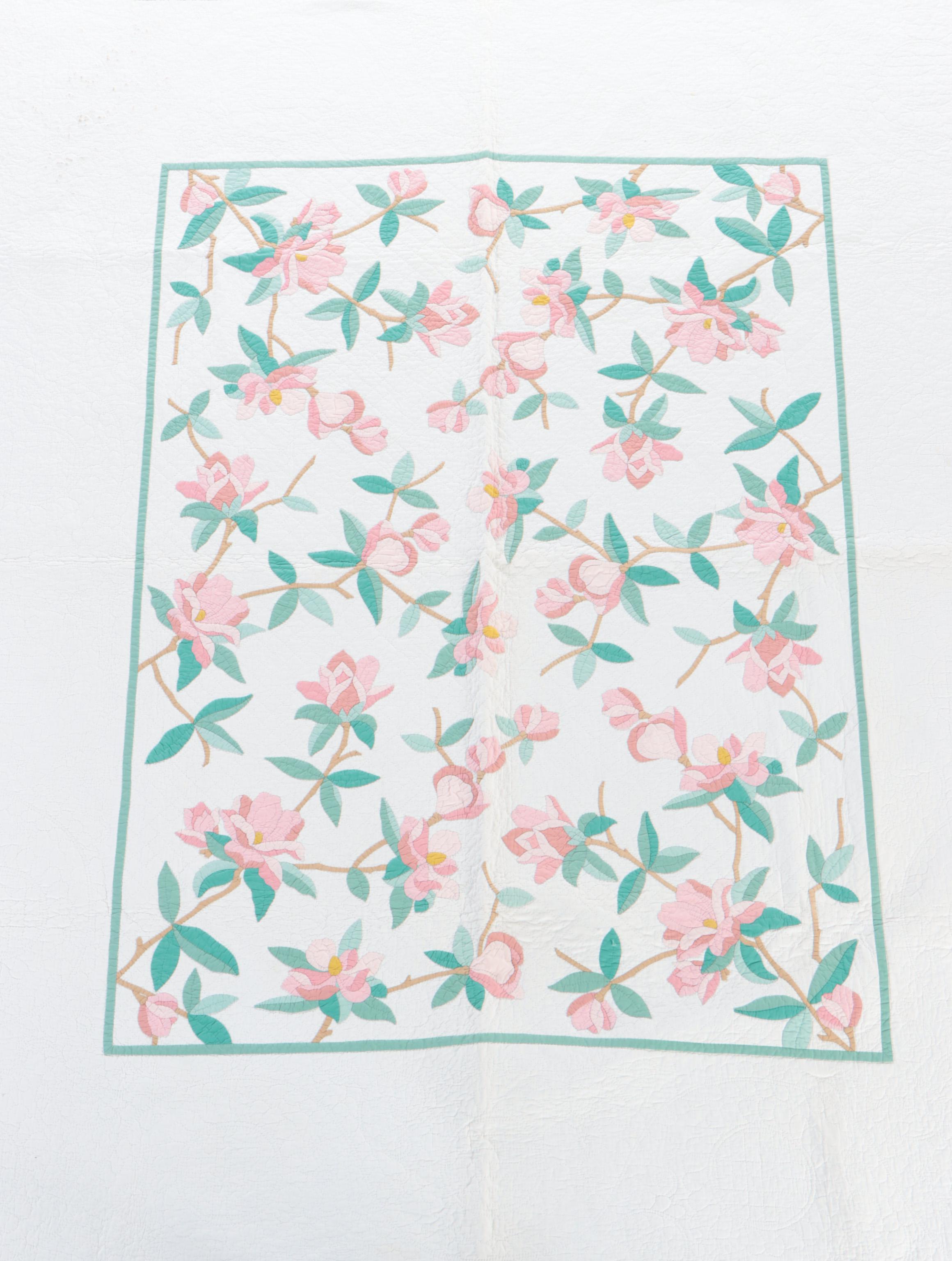 Handmade Magnolia Floral Appliqué Quilt