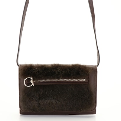 Salvatore Ferragamo Gancini Brown Leather and Fur Trimmed  Crossbody Bag