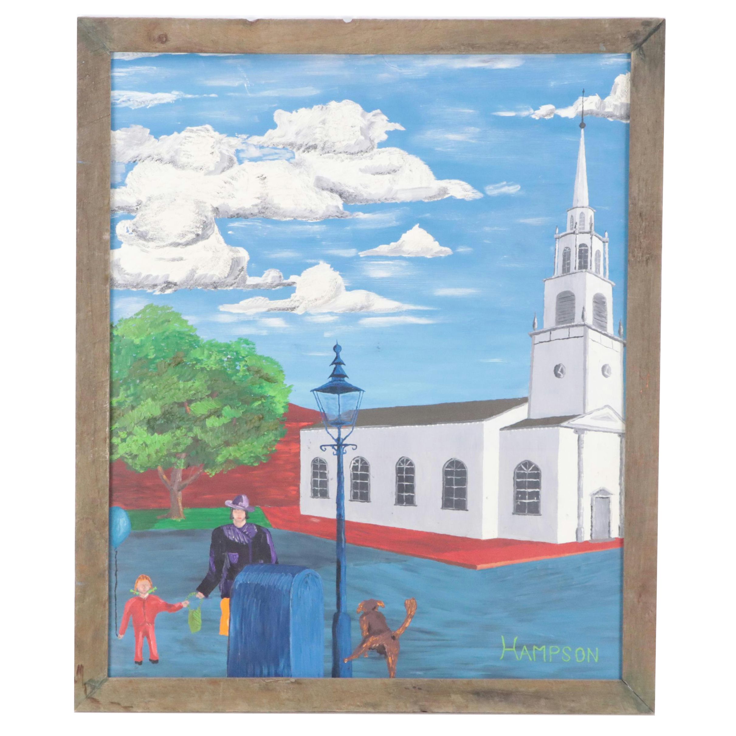Landscape Acrylic Painting of Street Scene With Church