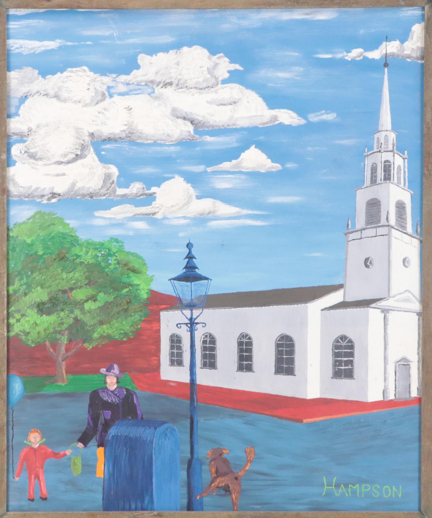 Landscape Acrylic Painting of Street Scene With Church