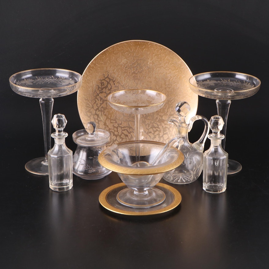Tiffin-Franciscan Style Mayonnaise Bowl with Wheel-Etched Glass and Gilt Platter
